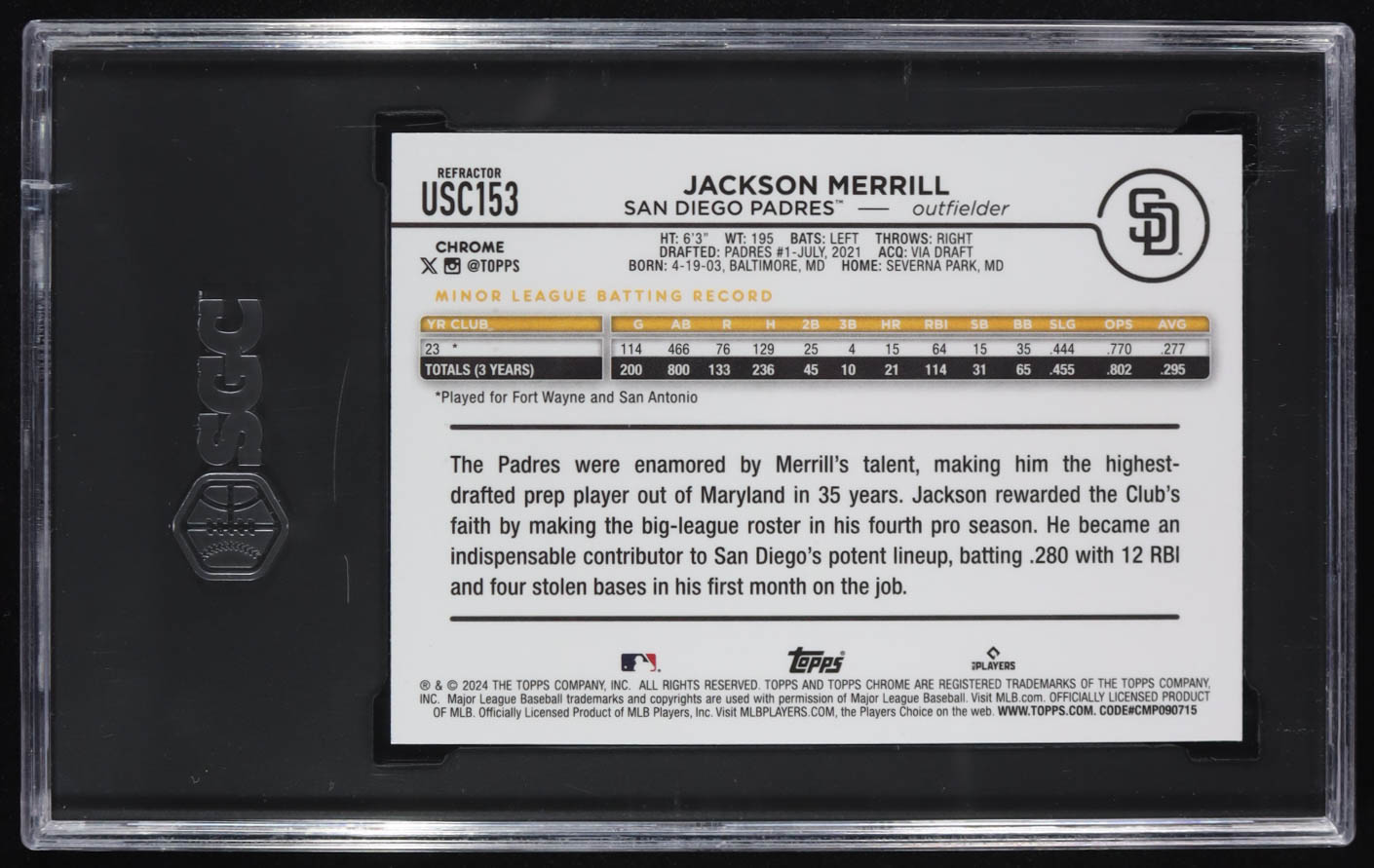 Jackson Merrill 2024 Topps Chrome Update Refractors #USC153 RC (SGC 8) at PristineAuction.com Jackson Merrill 2024 Topps Chrome Update Refractors #USC153 RC (SGC 8) at PristineAuction.com