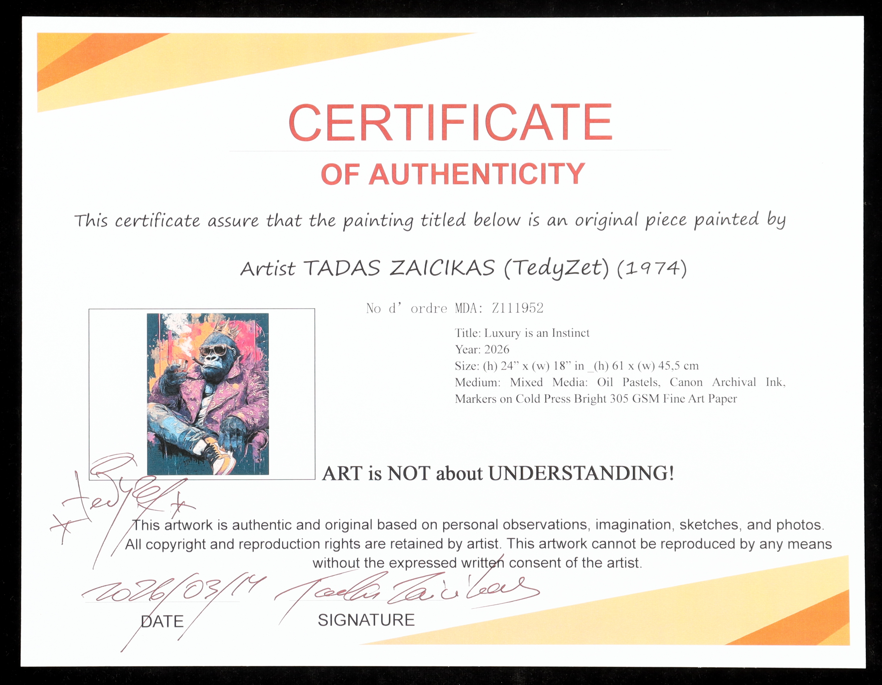 "Luxury is an Instinct" 2026 18x24 Original Painting on Fine Art Paper by Tadas Zaicikas | TedyZet (Zaicikas) at PristineAuction.com "Luxury is an Instinct" 2026 18x24 Original Painting on Fine Art Paper by Tadas Zaicikas | TedyZet (Zaicikas) at PristineAuction.com