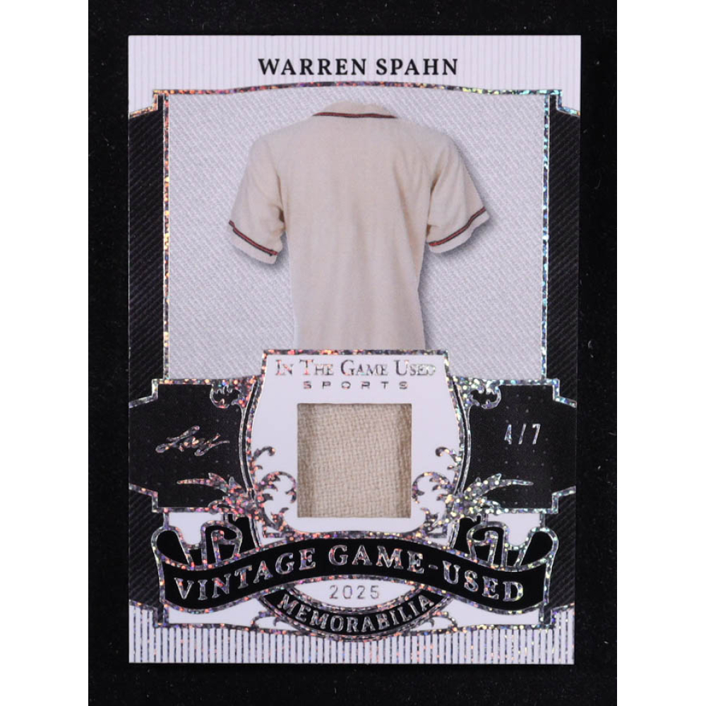 Warren Spahn 2025 Leaf ITG Used Sports Vintage Game Used Memorabilia Silver Sparkle Foil JSY #VM15 #4/7 at PristineAuction.com