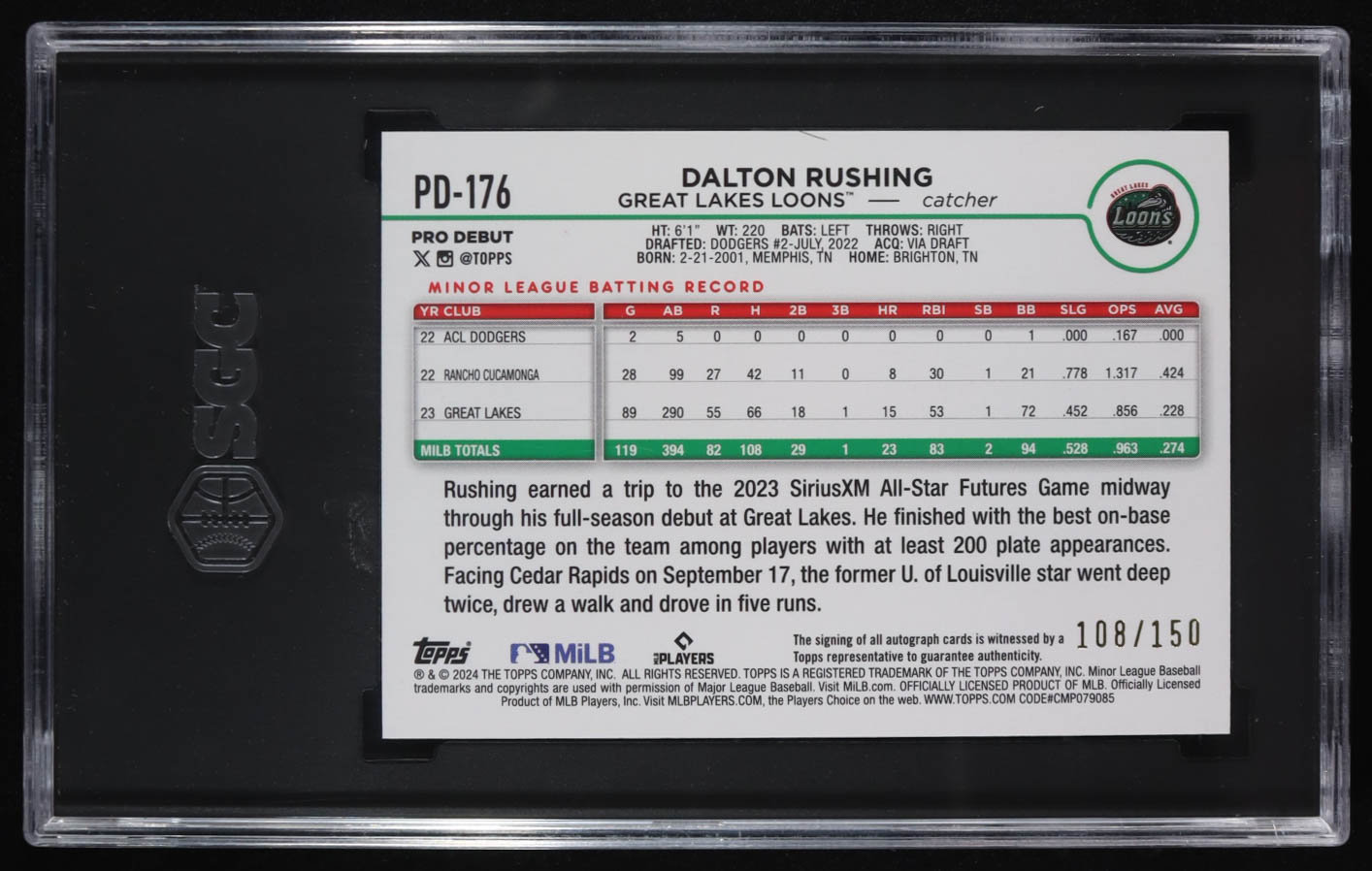 Dalton Rushing 2024 Topps Pro Debut Blue Foil #PD-176 RC #108/150 (SGC 10 | Autograph Graded SGC 10) at PristineAuction.com Dalton Rushing 2024 Topps Pro Debut Blue Foil #PD-176 RC #108/150 (SGC 10 | Autograph Graded SGC 10) at PristineAuction.com