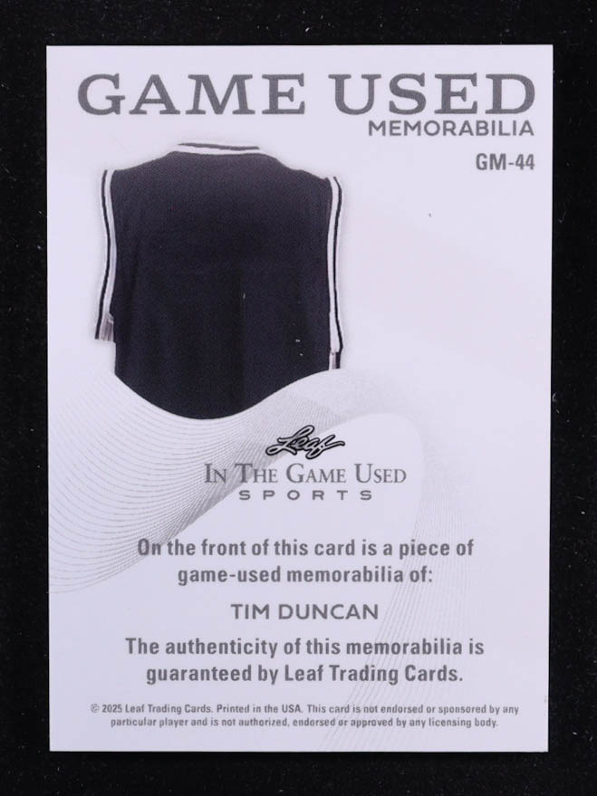 Tim Duncan 2025 Leaf ITG Used Sports Game Used Memorabilia Turquoise Foil JSY #GM44 #01/10 at PristineAuction.com Tim Duncan 2025 Leaf ITG Used Sports Game Used Memorabilia Turquoise Foil JSY #GM44 #01/10 at PristineAuction.com