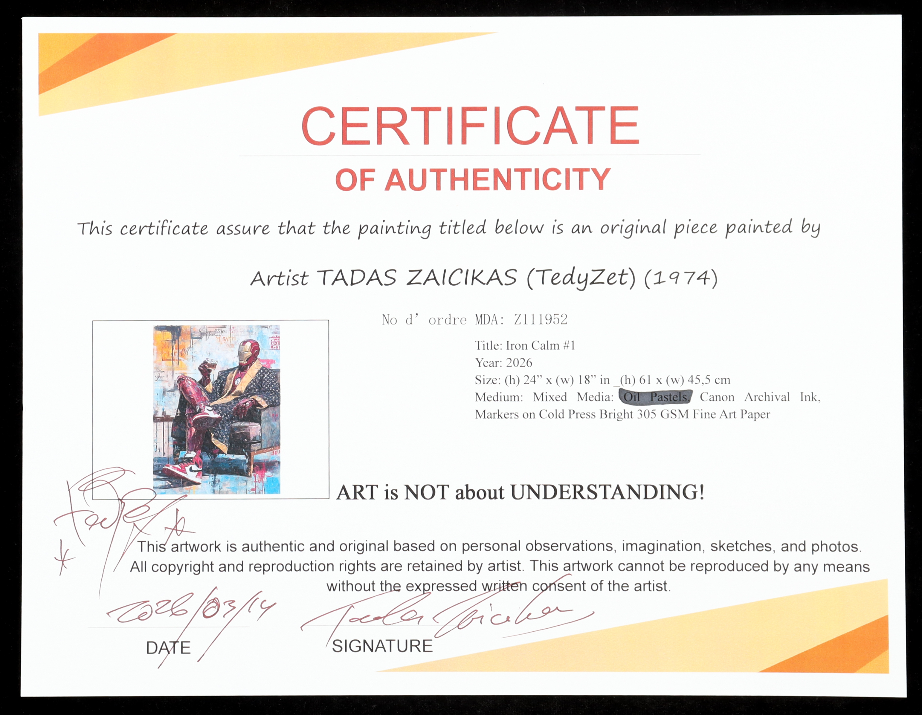 "Iron Calm #1" 2026 18x24 Original Painting on Fine Art Paper by Tadas Zaicikas | TedyZet (Zaicikas) at PristineAuction.com "Iron Calm #1" 2026 18x24 Original Painting on Fine Art Paper by Tadas Zaicikas | TedyZet (Zaicikas) at PristineAuction.com