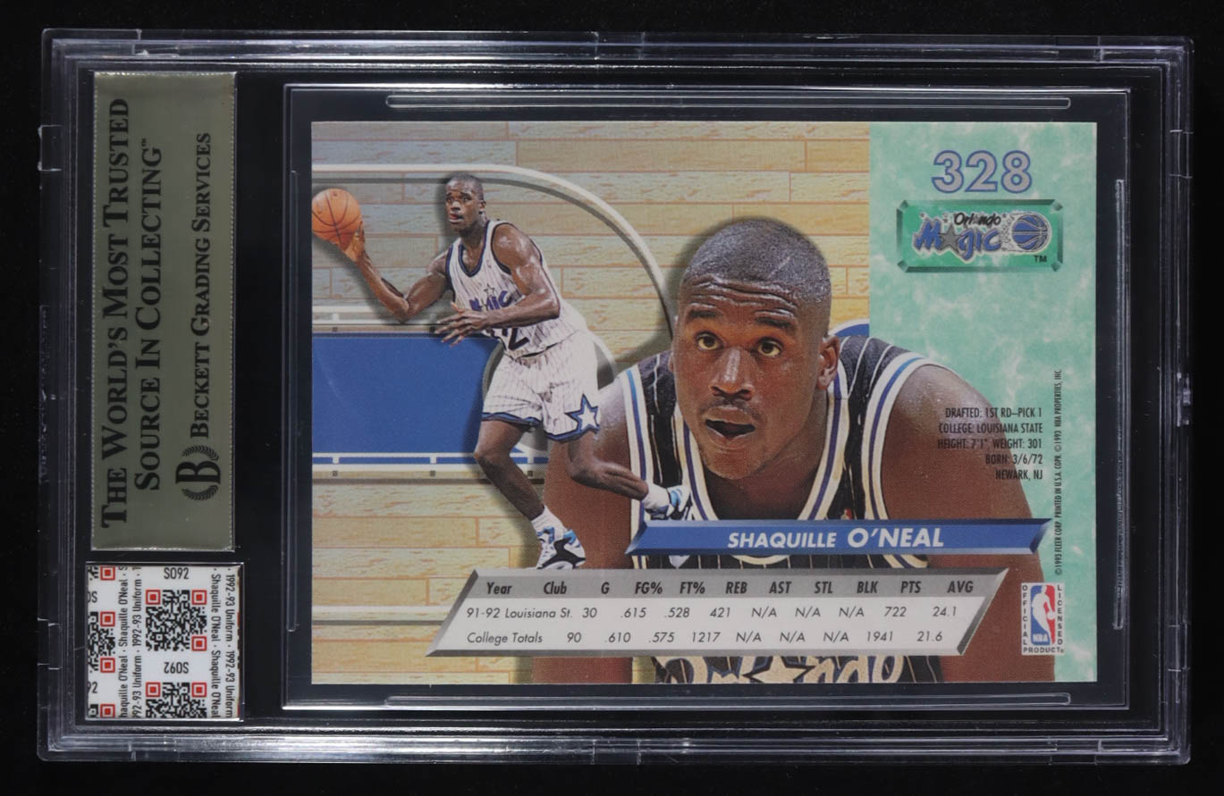 Shaquille O'Neal 1992-93 Fleer Ultra #328 RC With Game Used Jersey Swatch (BGS 9.5) at PristineAuction.com Shaquille O'Neal 1992-93 Fleer Ultra #328 RC With Game Used Jersey Swatch (BGS 9.5) at PristineAuction.com