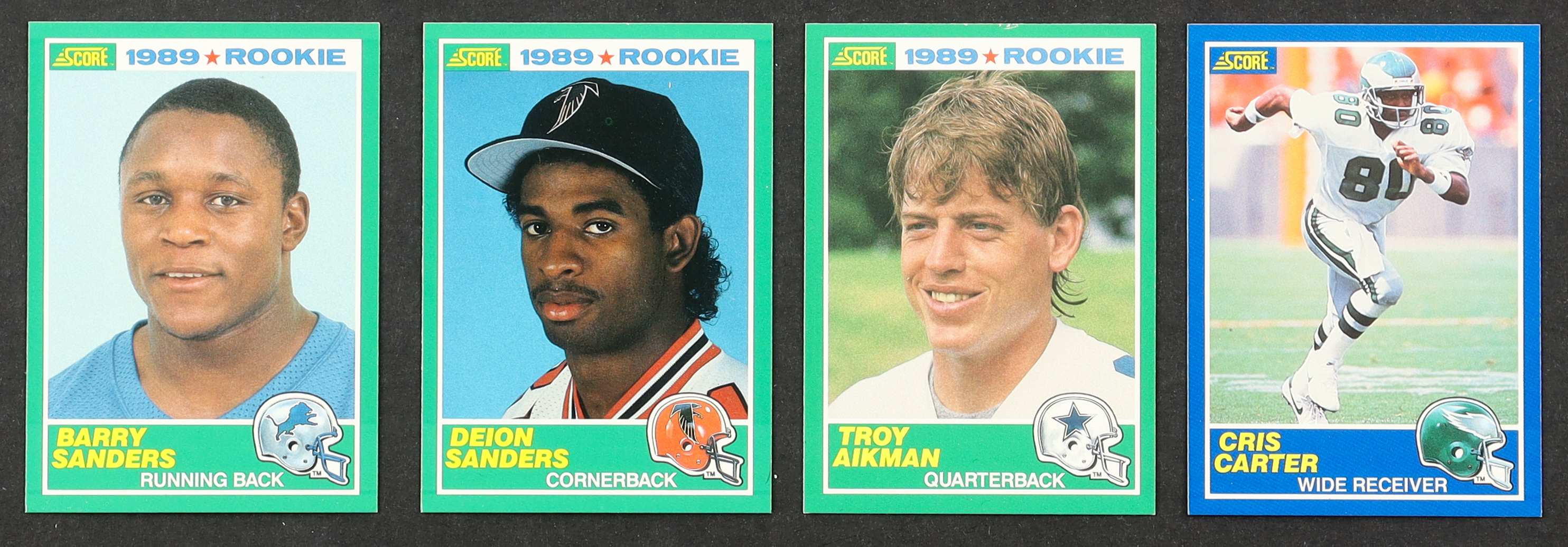 1989 Score Football Factory Set of (338) Cards with Barry Sanders #257 RC, Troy Aikman #270 RC, Cris Carter #72 RC, Deion Sanders #246 RC at PristineAuction.com 1989 Score Football Factory Set of (338) Cards with Barry Sanders #257 RC, Troy Aikman #270 RC, Cris Carter #72 RC, Deion Sanders #246 RC at PristineAuction.com