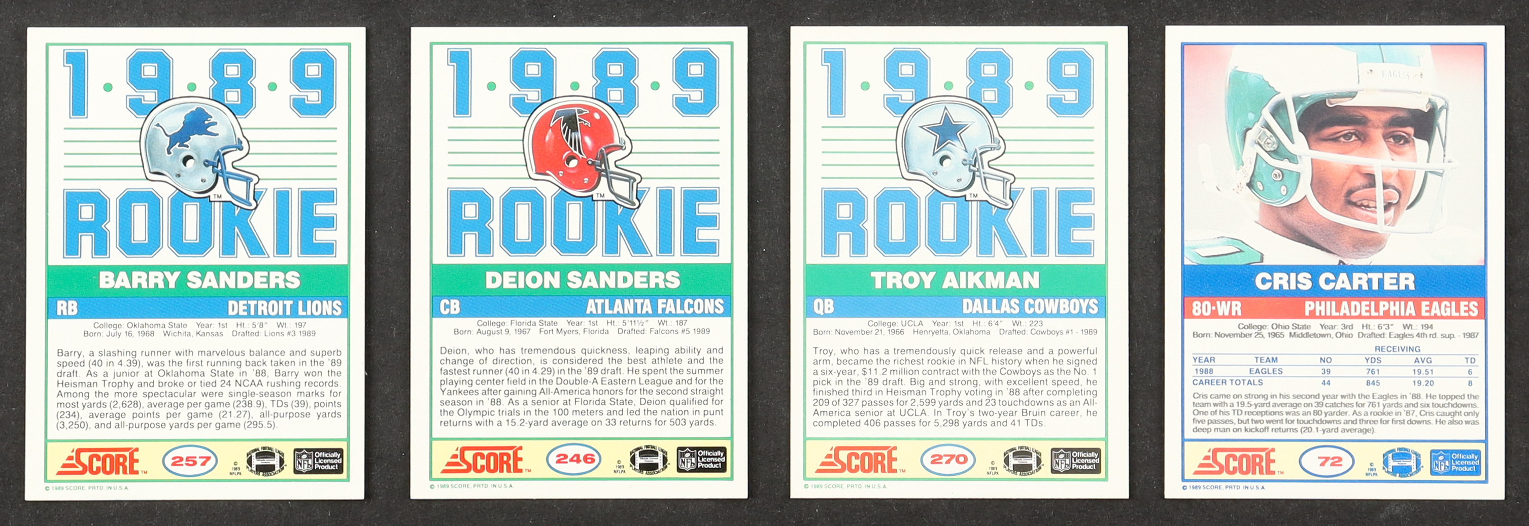 1989 Score Football Factory Set of (338) Cards with Barry Sanders #257 RC, Troy Aikman #270 RC, Cris Carter #72 RC, Deion Sanders #246 RC at PristineAuction.com 1989 Score Football Factory Set of (338) Cards with Barry Sanders #257 RC, Troy Aikman #270 RC, Cris Carter #72 RC, Deion Sanders #246 RC at PristineAuction.com