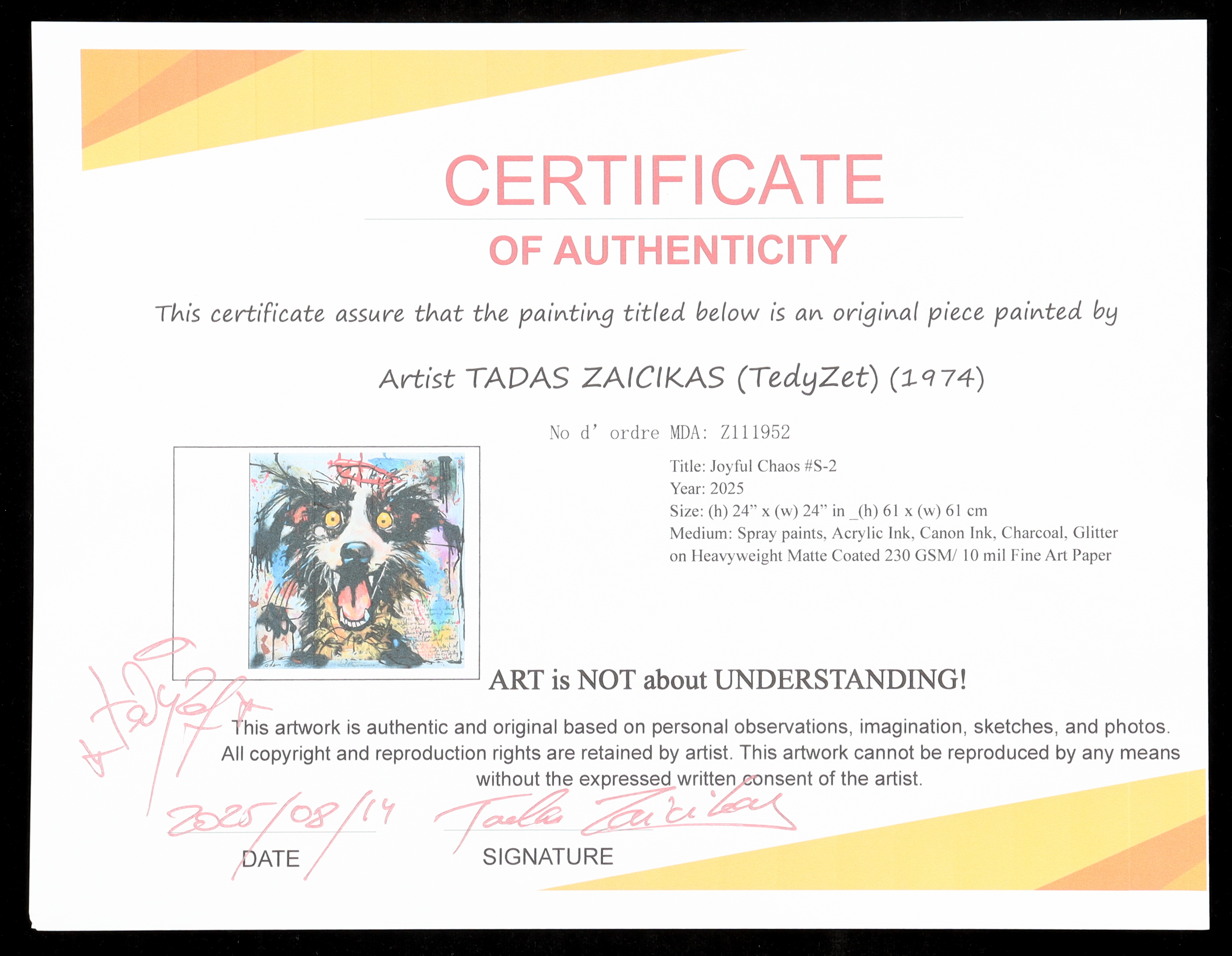 "Joyful Chaos #S-2" 2025 24x24 Original Painting on Fine Art Paper by Tadas Zaicikas | TedyZet (Zaicikas) at PristineAuction.com "Joyful Chaos #S-2" 2025 24x24 Original Painting on Fine Art Paper by Tadas Zaicikas | TedyZet (Zaicikas) at PristineAuction.com