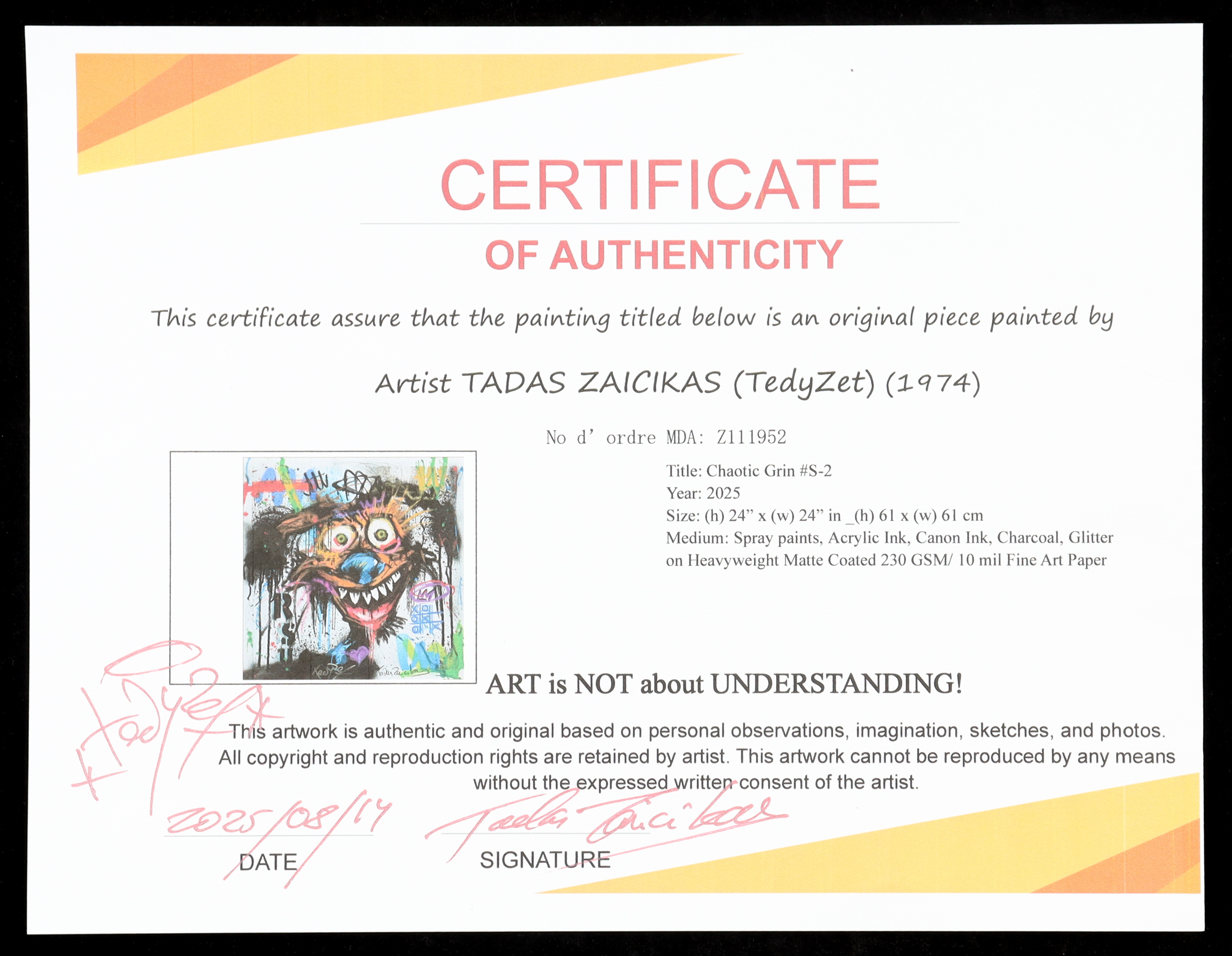 "Chaotic Grin #S-2" 2025 24x24 Original Painting on Fine Art Paper by Tadas Zaicikas | TedyZet (Zaicikas) at PristineAuction.com "Chaotic Grin #S-2" 2025 24x24 Original Painting on Fine Art Paper by Tadas Zaicikas | TedyZet (Zaicikas) at PristineAuction.com