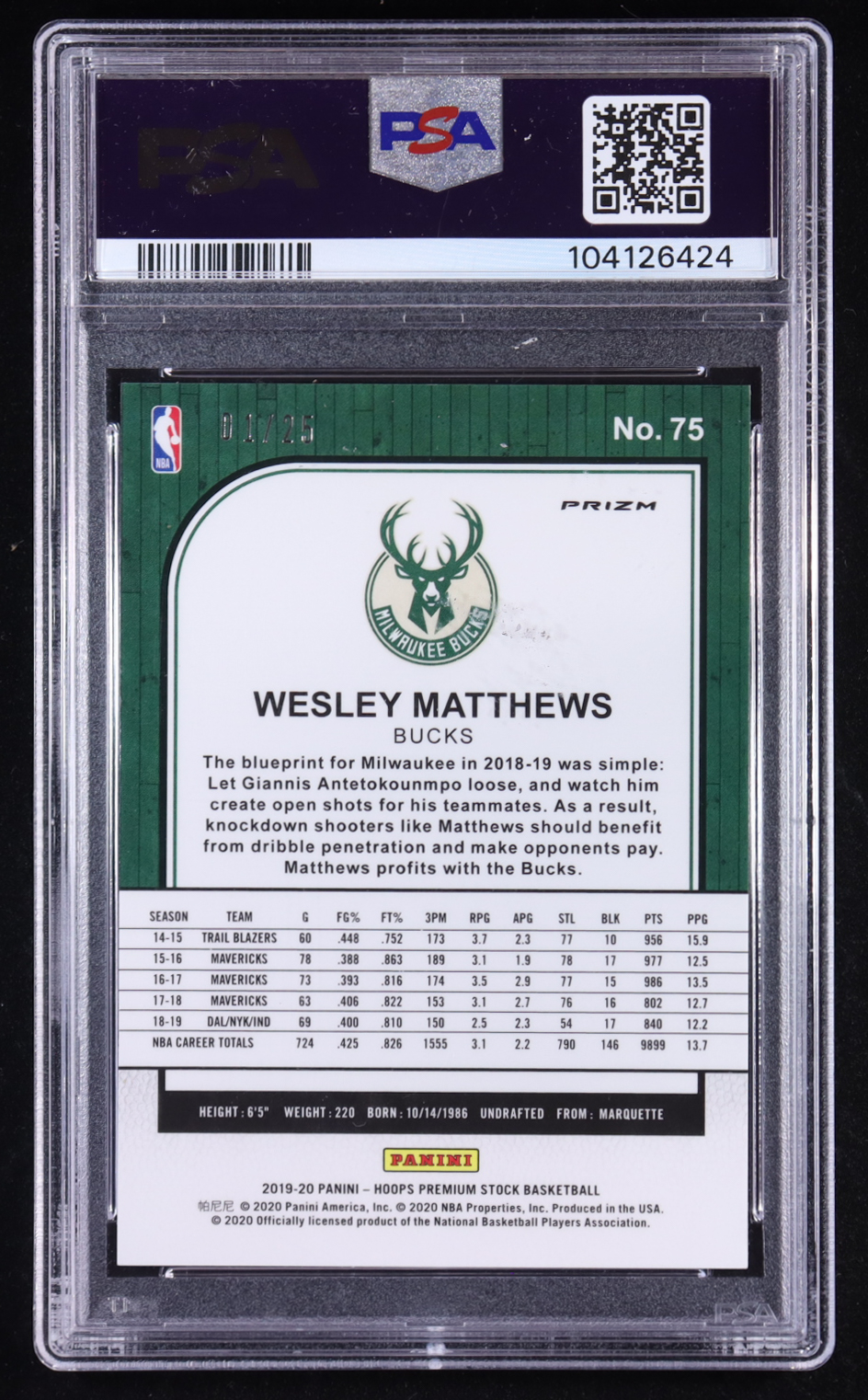 Wesley Matthews 2019 NBA Hoops Premium Stock Pink Flash #75 #01/25 (PSA 9) at PristineAuction.com Wesley Matthews 2019 NBA Hoops Premium Stock Pink Flash #75 #01/25 (PSA 9) at PristineAuction.com