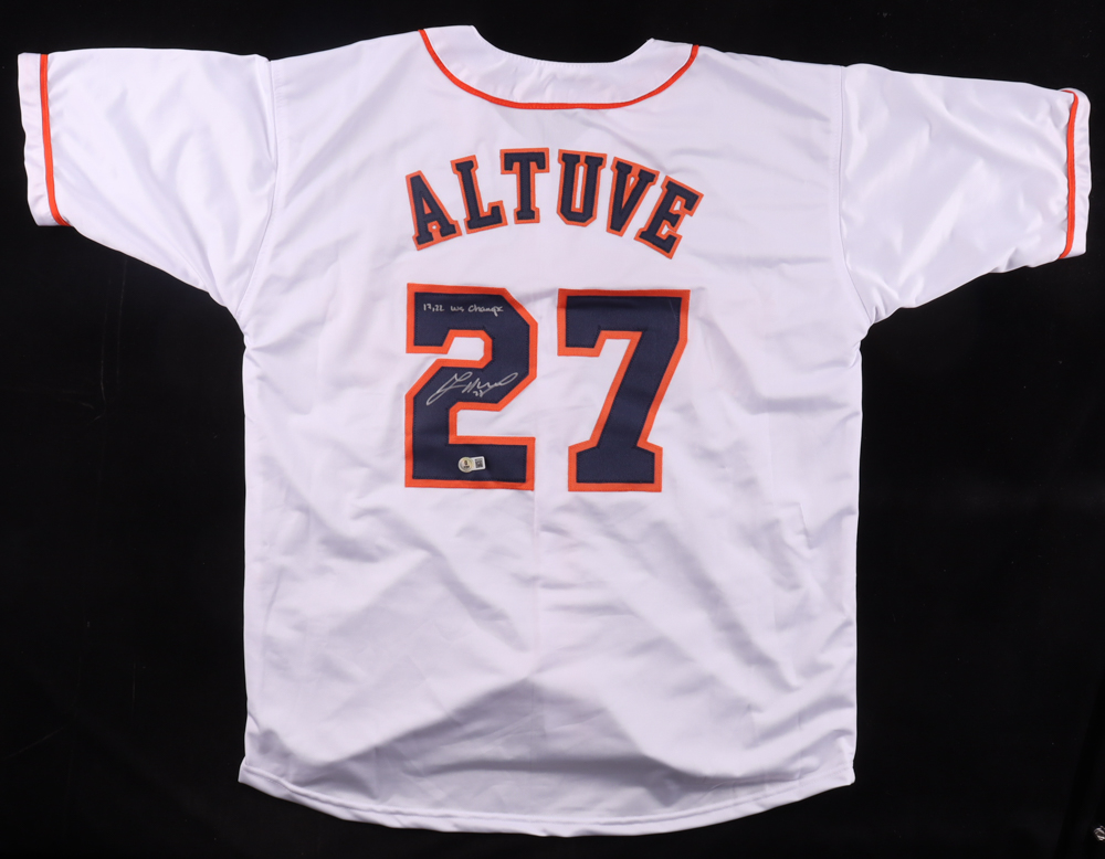 Jose Altuve Signed Jersey Inscribed "17, 22 WS Champs" (Beckett) at PristineAuction.com Jose Altuve Signed Jersey Inscribed "17, 22 WS Champs" (Beckett) at PristineAuction.com