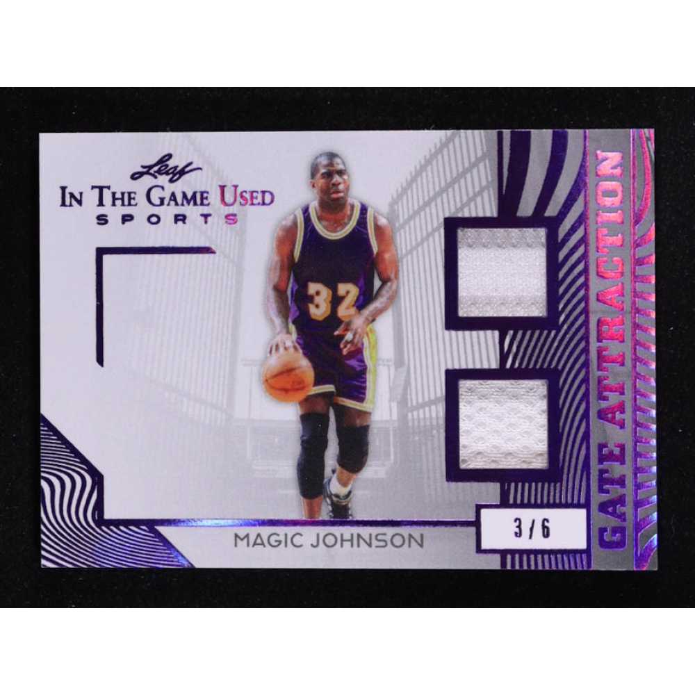 Magic Johnson 2025 Leaf ITG Used Sports Gate Attraction Dual Relic Purple Foil #GA23 #3/6 at PristineAuction.com
