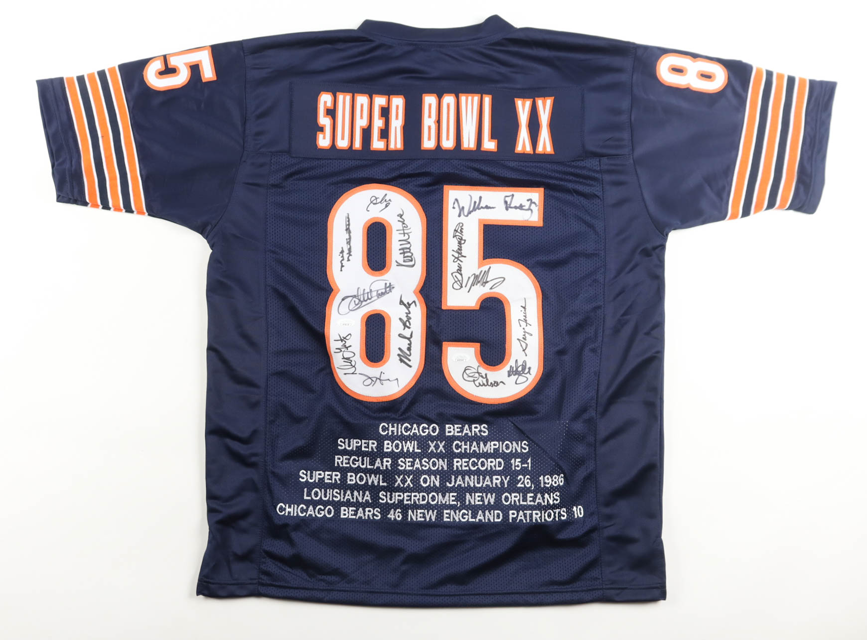 "Super Bowl XX" 1985 Champions Highlight Jersey Team-Signed By (12) With William Perry, Dan Hampton, Mike Singletary, Otis Wilson (JSA) at PristineAuction.com "Super Bowl XX" 1985 Champions Highlight Jersey Team-Signed By (12) With William Perry, Dan Hampton, Mike Singletary, Otis Wilson (JSA) at PristineAuction.com