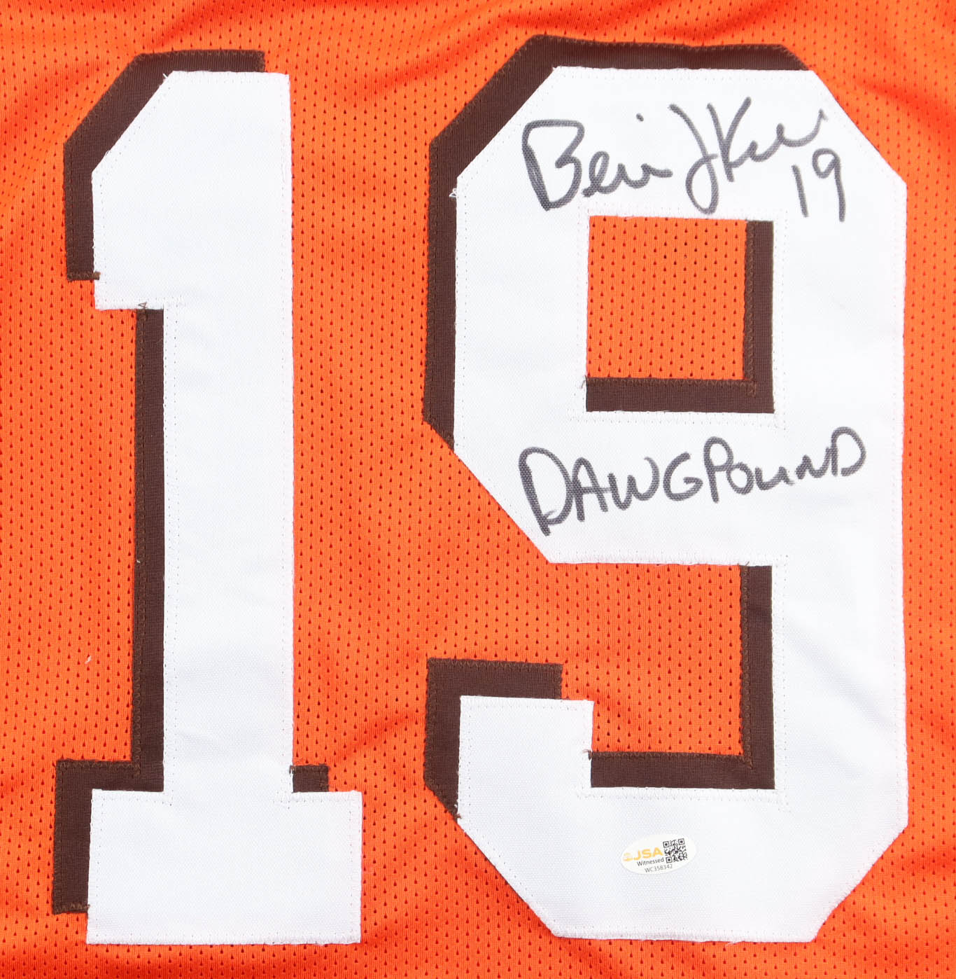 Bernie Kosar Signed Jersey Inscribed "Dawg Pound" (JSA) at PristineAuction.com Bernie Kosar Signed Jersey Inscribed "Dawg Pound" (JSA) at PristineAuction.com