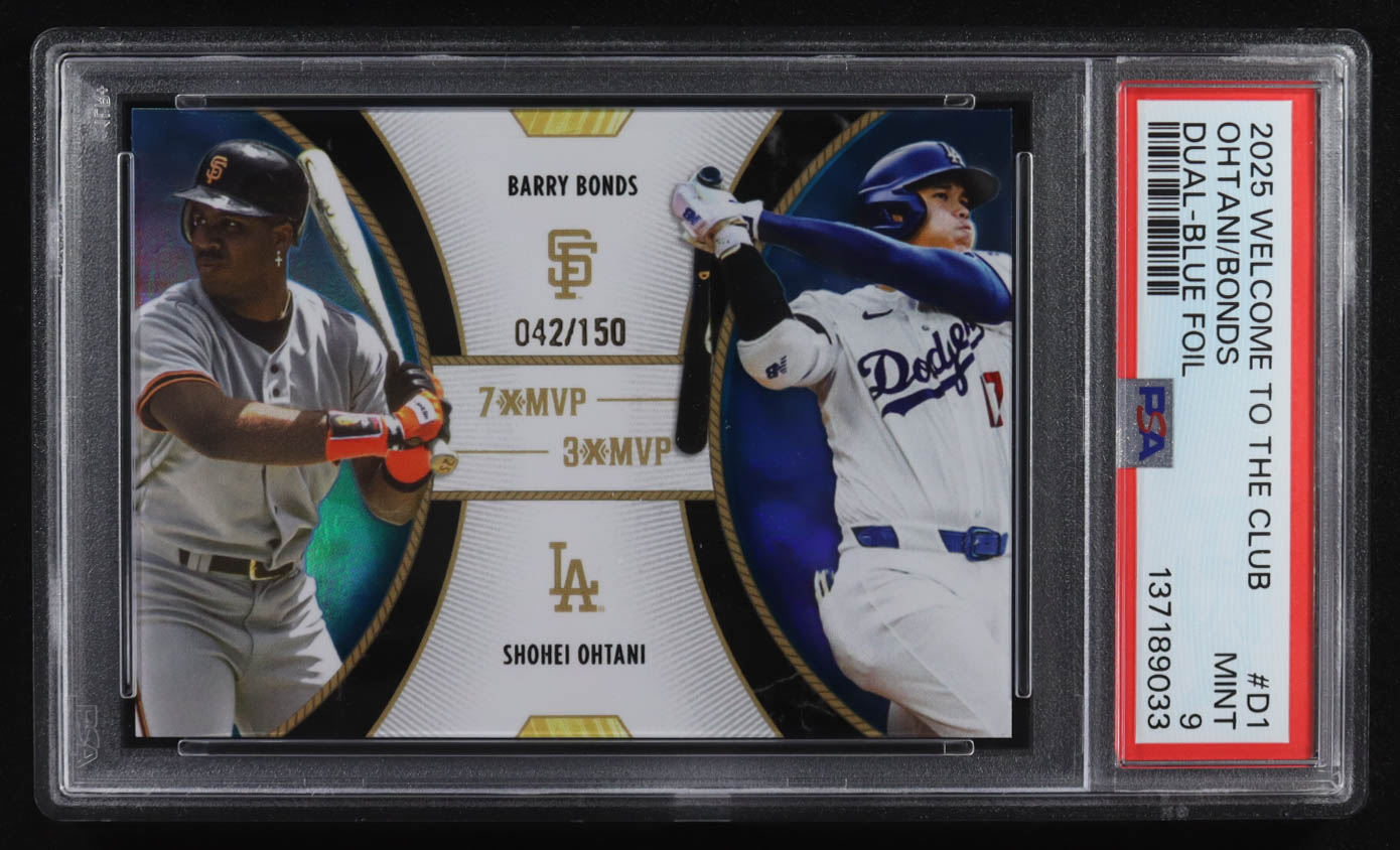Shohei Ohtani / Barry Bonds 2025 Topps Welcome to the Club 3X MVP Dual 3X MVP Blue Foil #D1 #042/150 (PSA 9) at PristineAuction.com Shohei Ohtani / Barry Bonds 2025 Topps Welcome to the Club 3X MVP Dual 3X MVP Blue Foil #D1 #042/150 (PSA 9) at PristineAuction.com