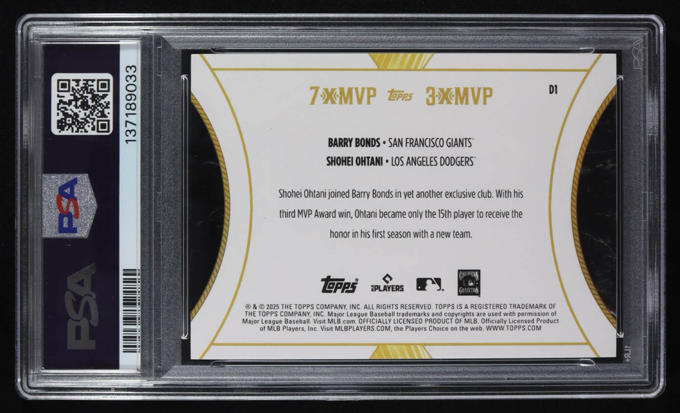 Shohei Ohtani / Barry Bonds 2025 Topps Welcome to the Club 3X MVP Dual 3X MVP Blue Foil #D1 #042/150 (PSA 9) at PristineAuction.com Shohei Ohtani / Barry Bonds 2025 Topps Welcome to the Club 3X MVP Dual 3X MVP Blue Foil #D1 #042/150 (PSA 9) at PristineAuction.com