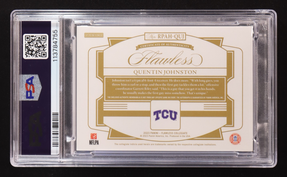 Quentin Johnston 2023 Panini Flawless Collegiate Flawless Rookie Patch Autographs Horizontal Pink #RPAH-QUJ RC #2/3 (PSA 10 | Autograph Graded PSA 10) at PristineAuction.com Quentin Johnston 2023 Panini Flawless Collegiate Flawless Rookie Patch Autographs Horizontal Pink #RPAH-QUJ RC #2/3 (PSA 10 | Autograph Graded PSA 10) at PristineAuction.com