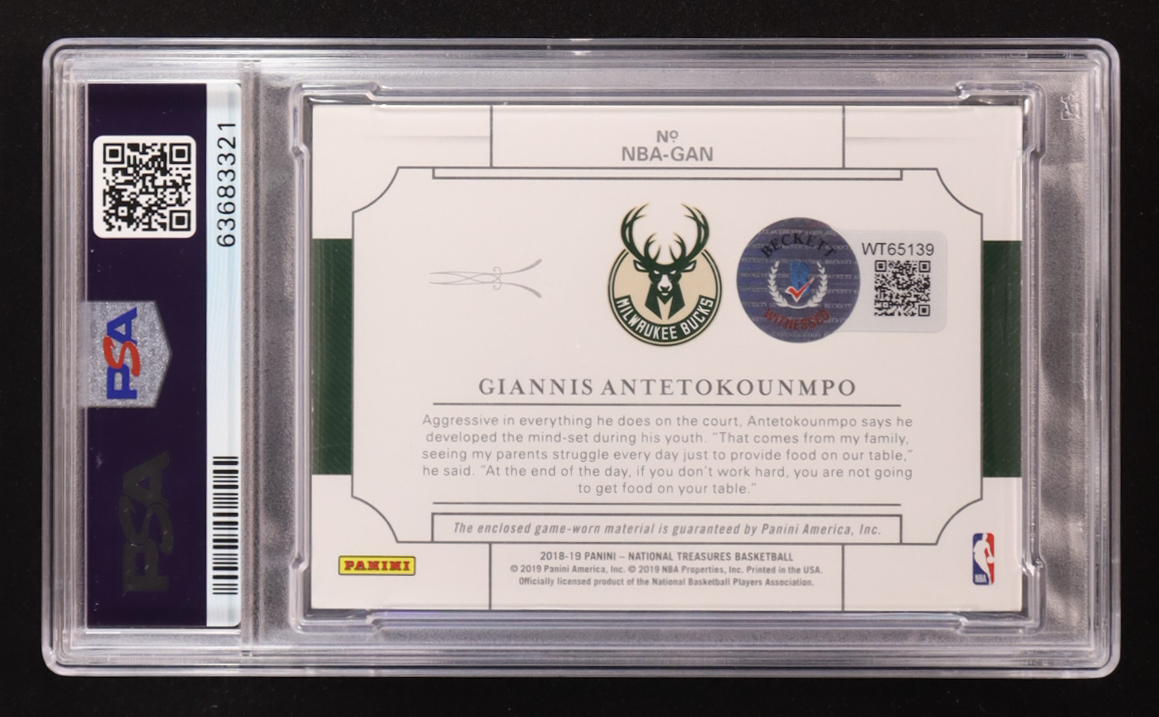 Giannis Antetokounmpo 2018 Panini National Treasures All-NBA Materials #NBA-GAN #91/99 (PSA | Autograph Graded PSA 10) at PristineAuction.com Giannis Antetokounmpo 2018 Panini National Treasures All-NBA Materials #NBA-GAN #91/99 (PSA | Autograph Graded PSA 10) at PristineAuction.com