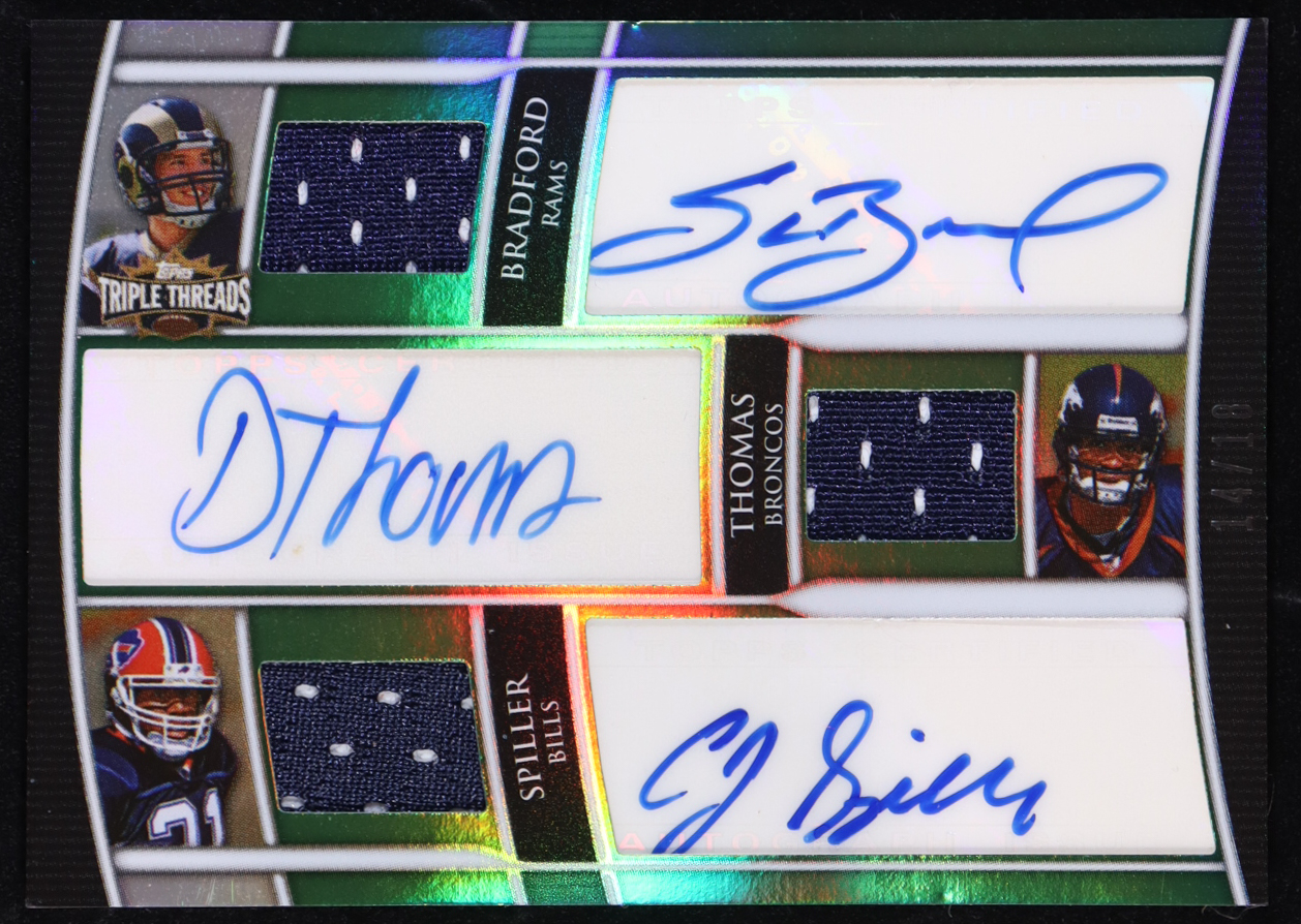 Sam Bradford / Demaryius Thomas / C.J. Spiller 2010 Topps Triple Threads Autographed Relic Combos Emerald #21 #14/18 RC at PristineAuction.com Sam Bradford / Demaryius Thomas / C.J. Spiller 2010 Topps Triple Threads Autographed Relic Combos Emerald #21 #14/18 RC at PristineAuction.com