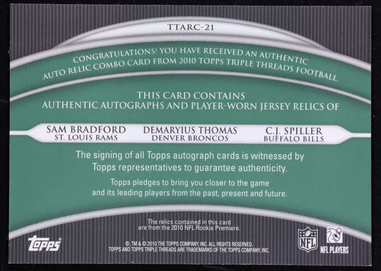 Sam Bradford / Demaryius Thomas / C.J. Spiller 2010 Topps Triple Threads Autographed Relic Combos Emerald #21 #14/18 RC at PristineAuction.com Sam Bradford / Demaryius Thomas / C.J. Spiller 2010 Topps Triple Threads Autographed Relic Combos Emerald #21 #14/18 RC at PristineAuction.com