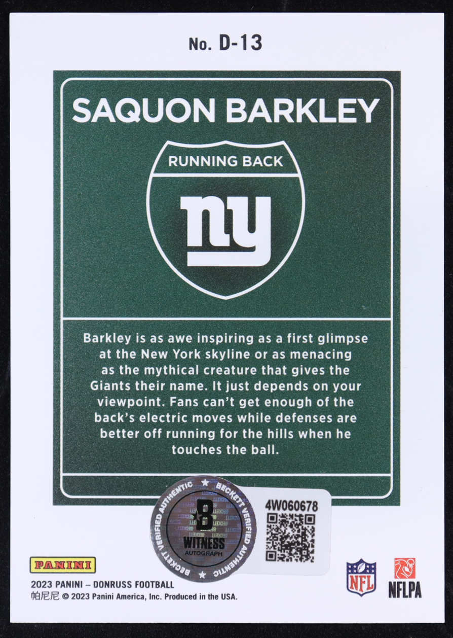 Saquon Barkley Signed 2023 Donruss Downtown #13 (BGS) at PristineAuction.com Saquon Barkley Signed 2023 Donruss Downtown #13 (BGS) at PristineAuction.com