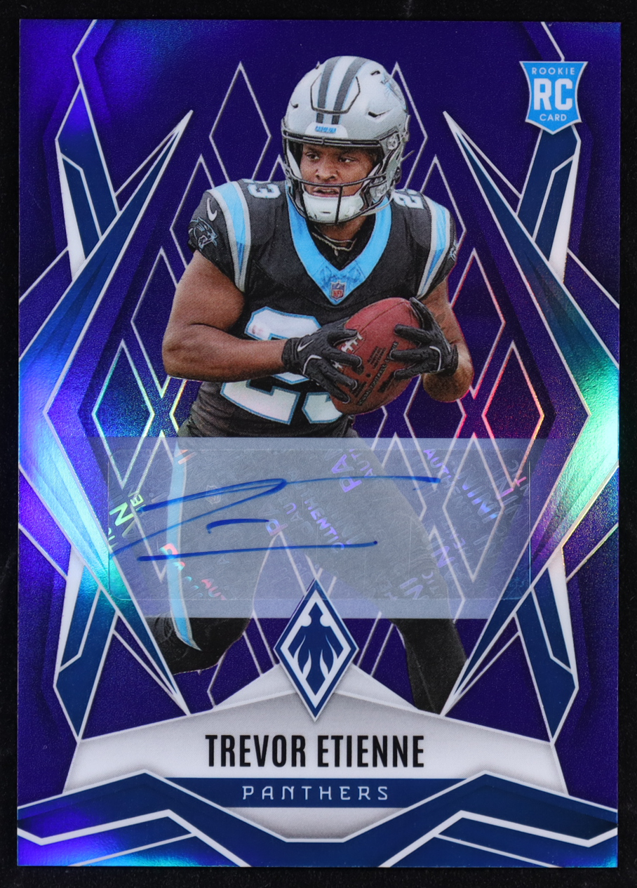 Trevor Etienne 2025 Panini Phoenix Rookie Autographs Blue #183 #28/49 RC at PristineAuction.com Trevor Etienne 2025 Panini Phoenix Rookie Autographs Blue #183 #28/49 RC at PristineAuction.com