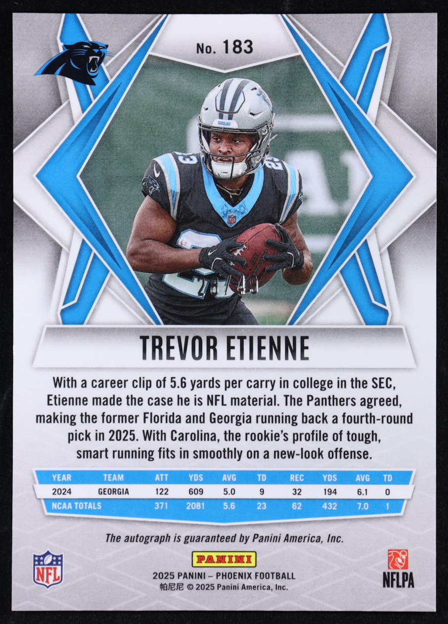 Trevor Etienne 2025 Panini Phoenix Rookie Autographs Blue #183 #28/49 RC at PristineAuction.com Trevor Etienne 2025 Panini Phoenix Rookie Autographs Blue #183 #28/49 RC at PristineAuction.com