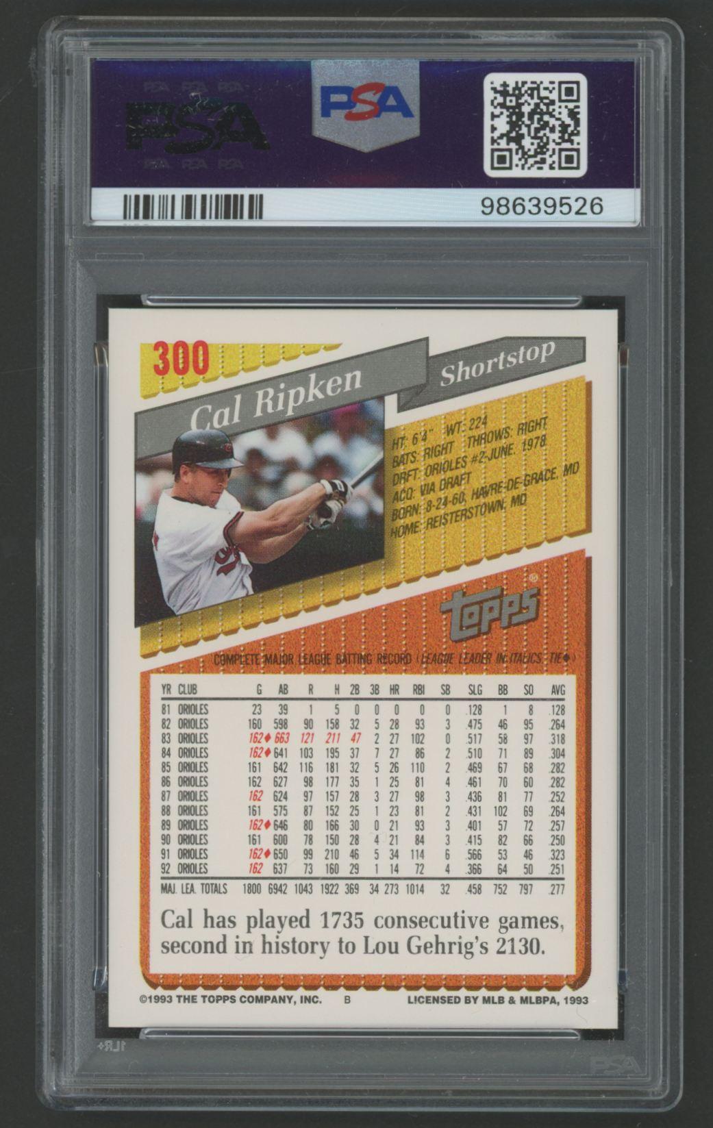 Cal Ripken Jr. 1993 Topps #300 (PSA 10) at PristineAuction.com Cal Ripken Jr. 1993 Topps #300 (PSA 10) at PristineAuction.com