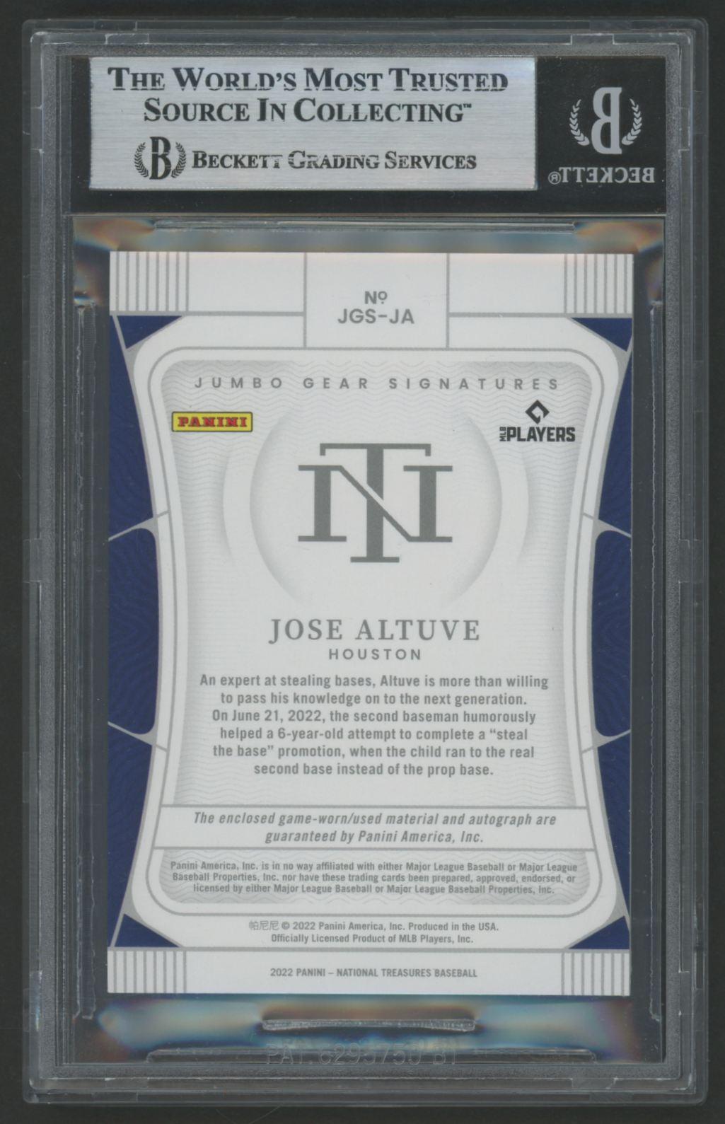 Jose Altuve 2022 National Treasures Jumbo Gear Signatures #40 #35/36 (BGS) at PristineAuction.com Jose Altuve 2022 National Treasures Jumbo Gear Signatures #40 #35/36 (BGS) at PristineAuction.com