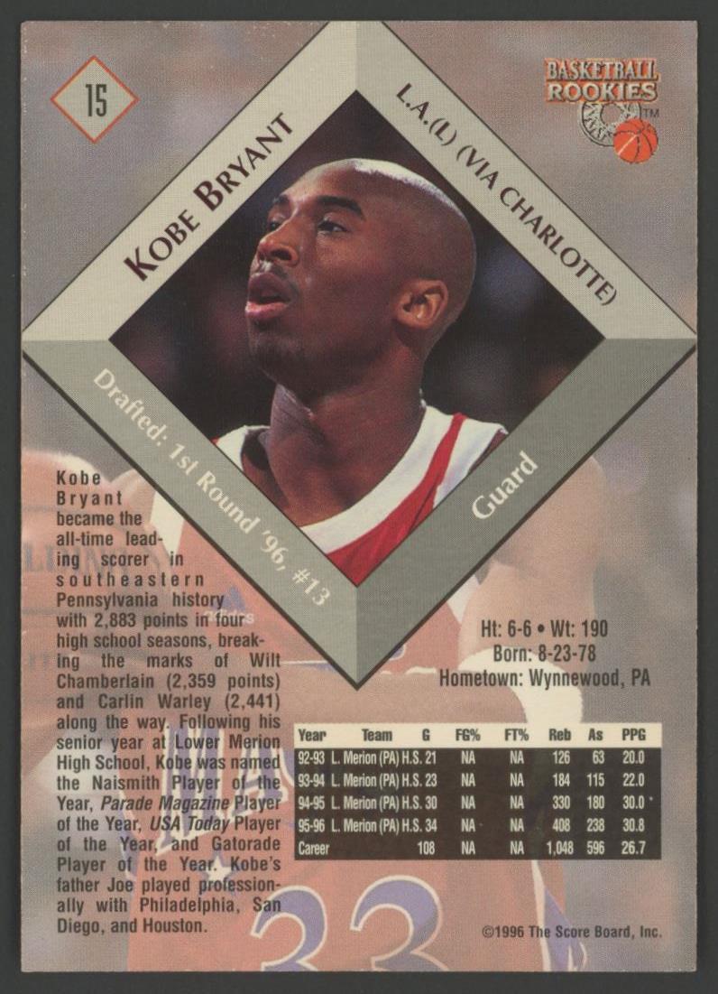 Kobe Bryant 1996 Score Board Rookies #15 RC at PristineAuction.com Kobe Bryant 1996 Score Board Rookies #15 RC at PristineAuction.com