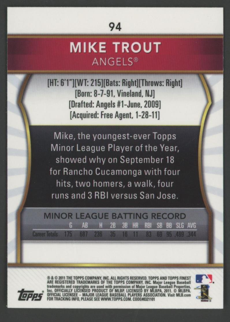 Mike Trout 2011 Finest #94 RC at PristineAuction.com Mike Trout 2011 Finest #94 RC at PristineAuction.com