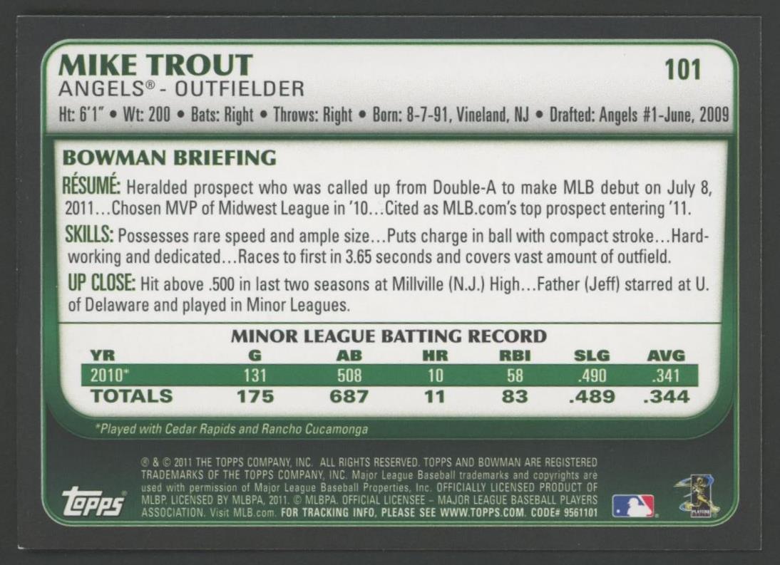 Mike Trout 2011 Bowman Draft #101 RC at PristineAuction.com Mike Trout 2011 Bowman Draft #101 RC at PristineAuction.com