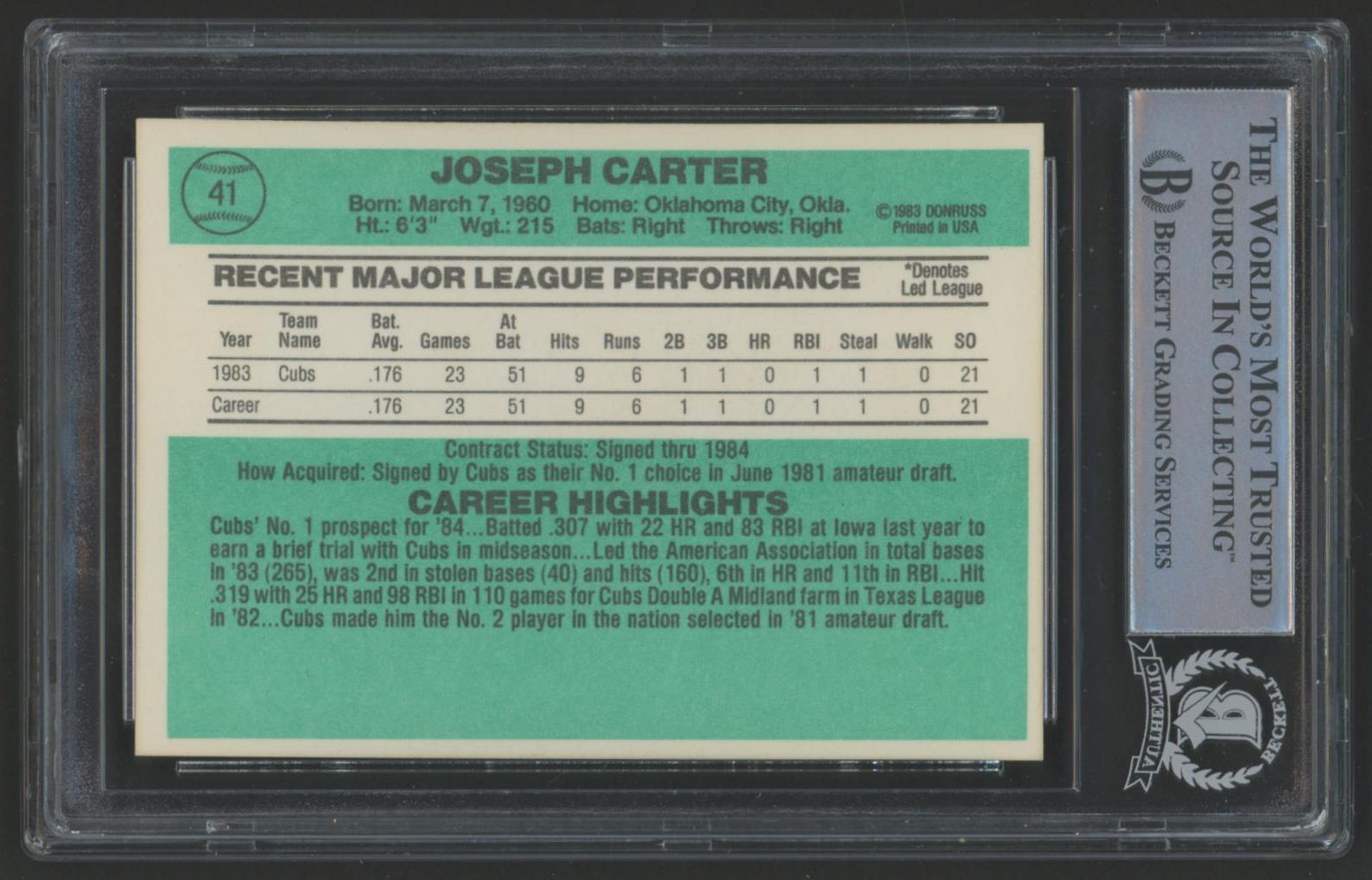 Joe Carter Signed 1984 Donruss #41 RC (BGS) at PristineAuction.com Joe Carter Signed 1984 Donruss #41 RC (BGS) at PristineAuction.com