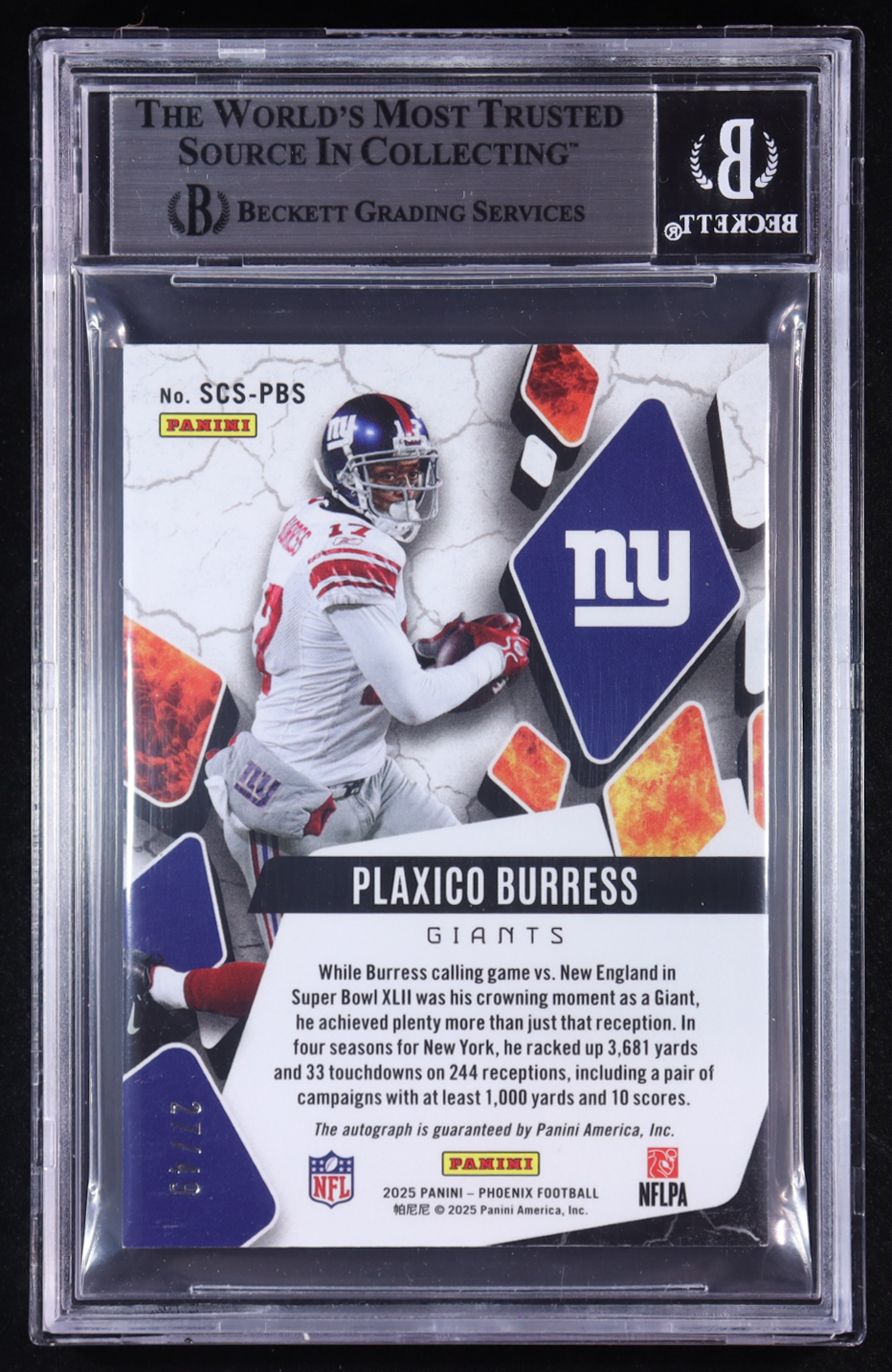 Plaxico Burress 2025 Panini Phoenix Scorched Signatures #12 #27/49 (BGS 8) at PristineAuction.com Plaxico Burress 2025 Panini Phoenix Scorched Signatures #12 #27/49 (BGS 8) at PristineAuction.com