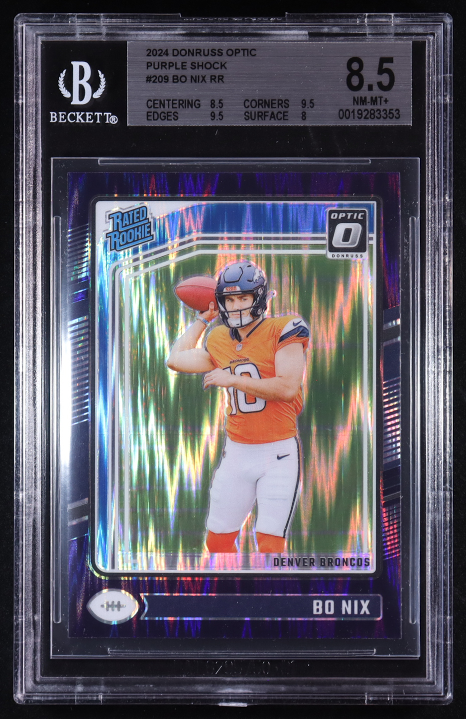 Bo Nix 2024 Donruss Optic Purple Shock #209 RR RC (BGS 8.5) at PristineAuction.com Bo Nix 2024 Donruss Optic Purple Shock #209 RR RC (BGS 8.5) at PristineAuction.com