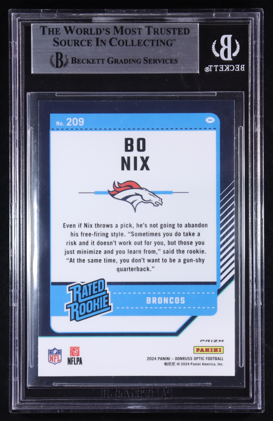 Bo Nix 2024 Donruss Optic Purple Shock #209 RR RC (BGS 8.5) at PristineAuction.com Bo Nix 2024 Donruss Optic Purple Shock #209 RR RC (BGS 8.5) at PristineAuction.com