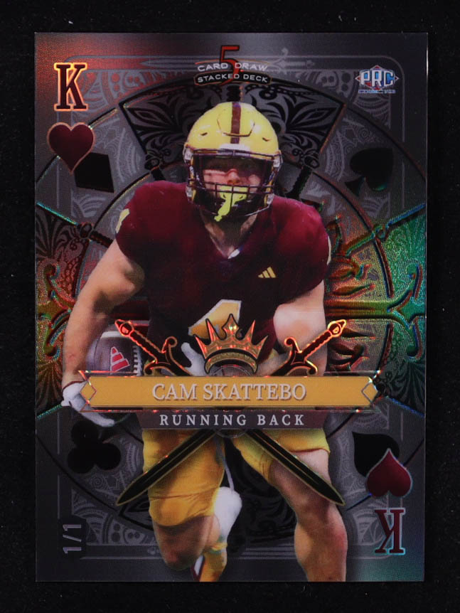 Cam Skattebo 2024 Wild Card 5 Card Draw Stacked Deck King Of Hearts Black Rainbow Foil #SDPH-CSN #1/1 RC at PristineAuction.com Cam Skattebo 2024 Wild Card 5 Card Draw Stacked Deck King Of Hearts Black Rainbow Foil #SDPH-CSN #1/1 RC at PristineAuction.com