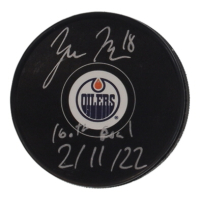 Zach Hyman Signed Oilers Logo Hockey Puck Inscribed "100th Goal 2/11/22" (Fanatics) at PristineAuction.com