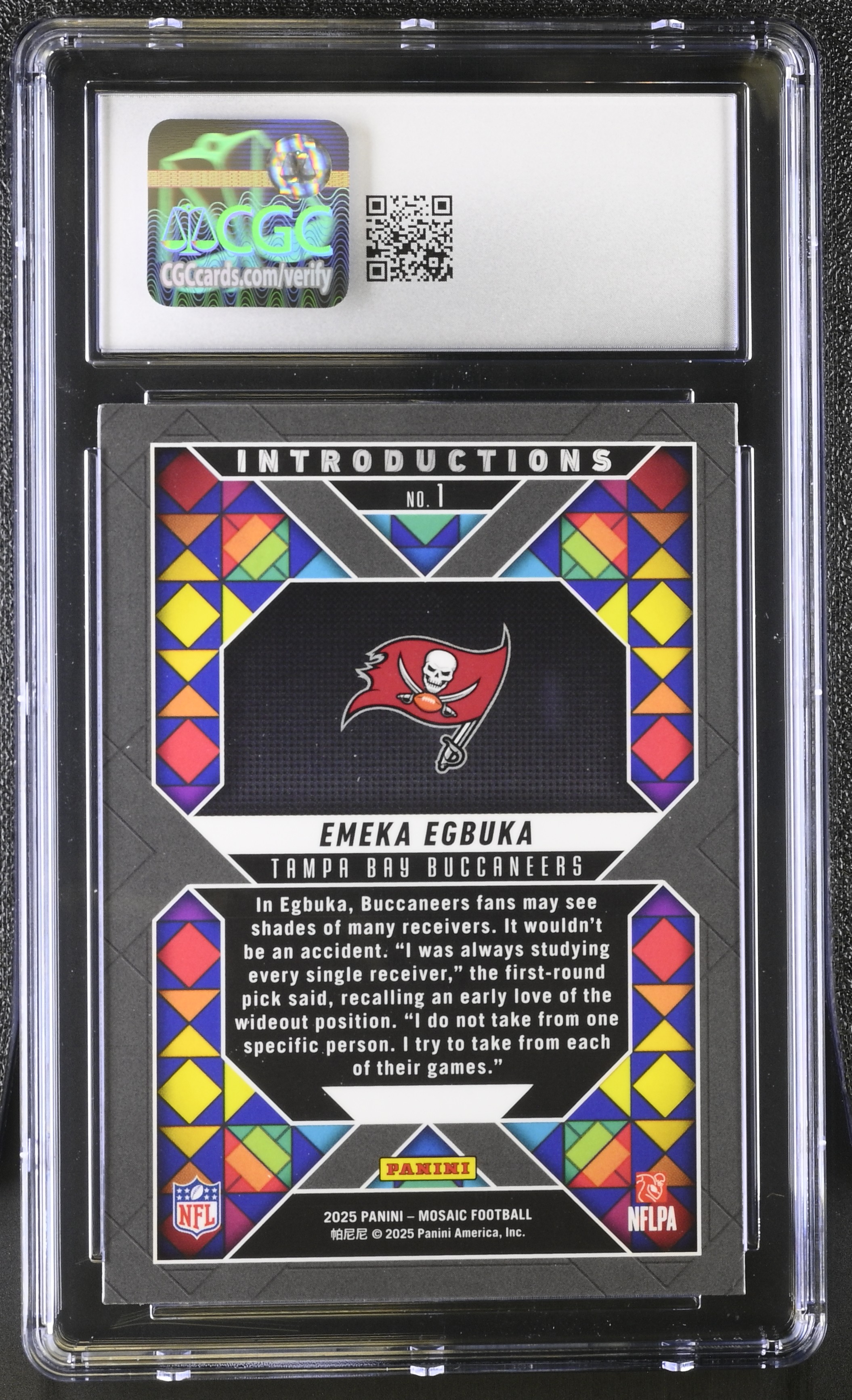 Emeka Egbuka 2025 Panini Mosaic Introductions #1 RC (CGC 9.5) at PristineAuction.com Emeka Egbuka 2025 Panini Mosaic Introductions #1 RC (CGC 9.5) at PristineAuction.com