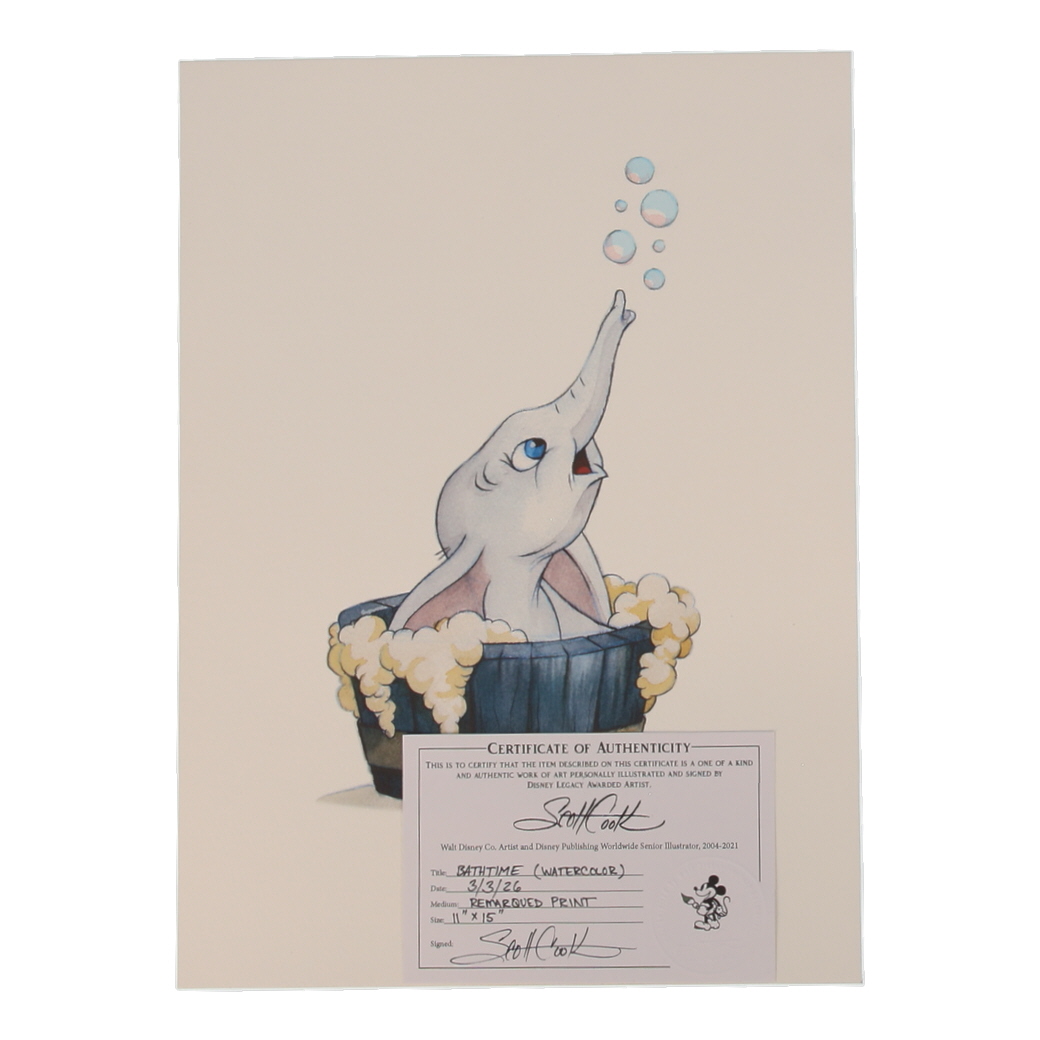 "Dumbo - Bath Time" 11x15 One-of-a-Kind Hand-Embellished Watercolor & Colored Pencil Print by Scott Cook (Cook) at PristineAuction.com "Dumbo - Bath Time" 11x15 One-of-a-Kind Hand-Embellished Watercolor & Colored Pencil Print by Scott Cook (Cook) at PristineAuction.com