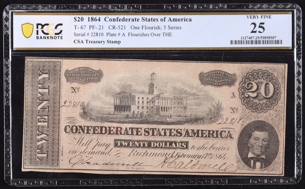 1864 Confederate $20 Currency Note, T-67 with C.S.A. Treasury Stamp (PCGS Very Fine 25) at PristineAuction.com 1864 Confederate $20 Currency Note, T-67 with C.S.A. Treasury Stamp (PCGS Very Fine 25) at PristineAuction.com