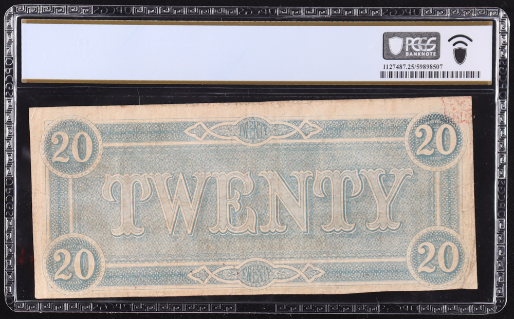 1864 Confederate $20 Currency Note, T-67 with C.S.A. Treasury Stamp (PCGS Very Fine 25) at PristineAuction.com 1864 Confederate $20 Currency Note, T-67 with C.S.A. Treasury Stamp (PCGS Very Fine 25) at PristineAuction.com