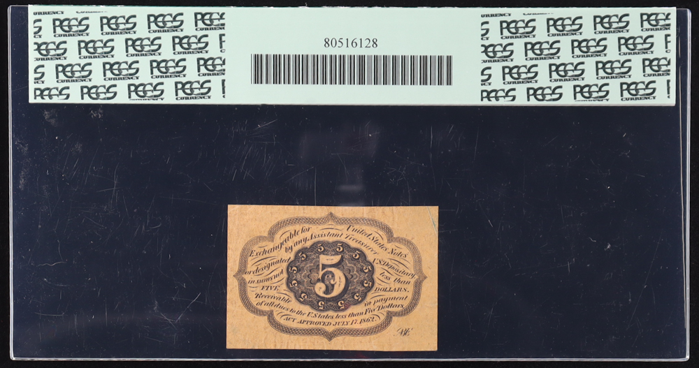 1862 U.S. 5¢ Fractional Currency Note, 1st Issue - Straight Edges w/ Monogram (PCGS Extremely Fine 45) at PristineAuction.com 1862 U.S. 5¢ Fractional Currency Note, 1st Issue - Straight Edges w/ Monogram (PCGS Extremely Fine 45) at PristineAuction.com