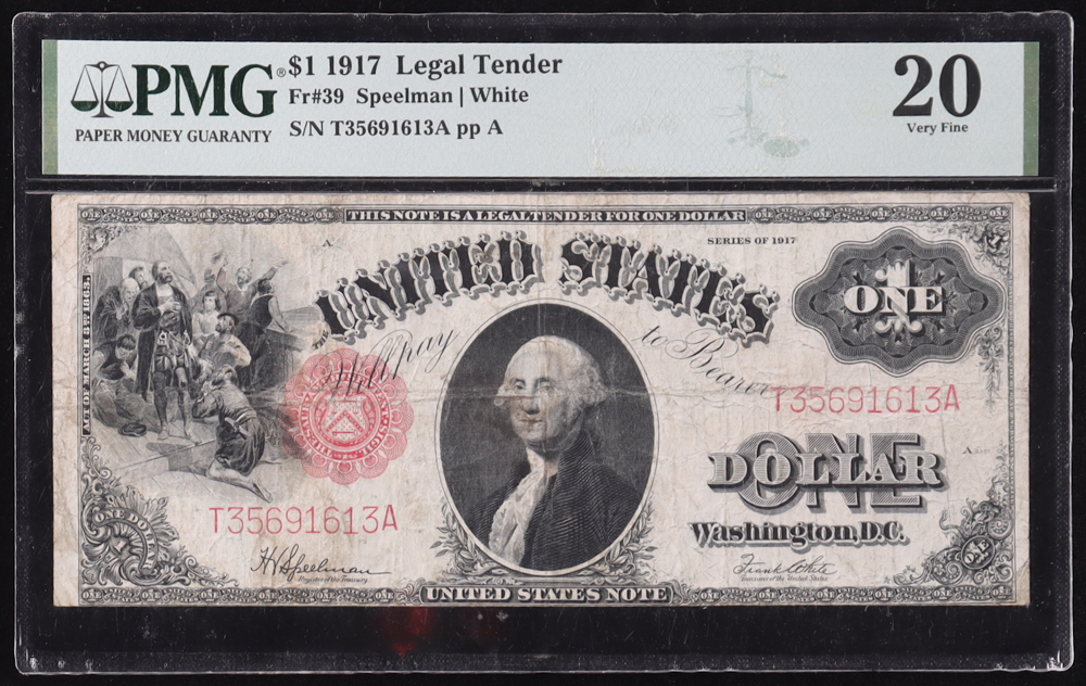 1917 U.S. $1 Legal Tender Note, Red Seal - Fr. 39 Signed: Speelman / White (PMG Very Fine 20) at PristineAuction.com 1917 U.S. $1 Legal Tender Note, Red Seal - Fr. 39 Signed: Speelman / White (PMG Very Fine 20) at PristineAuction.com