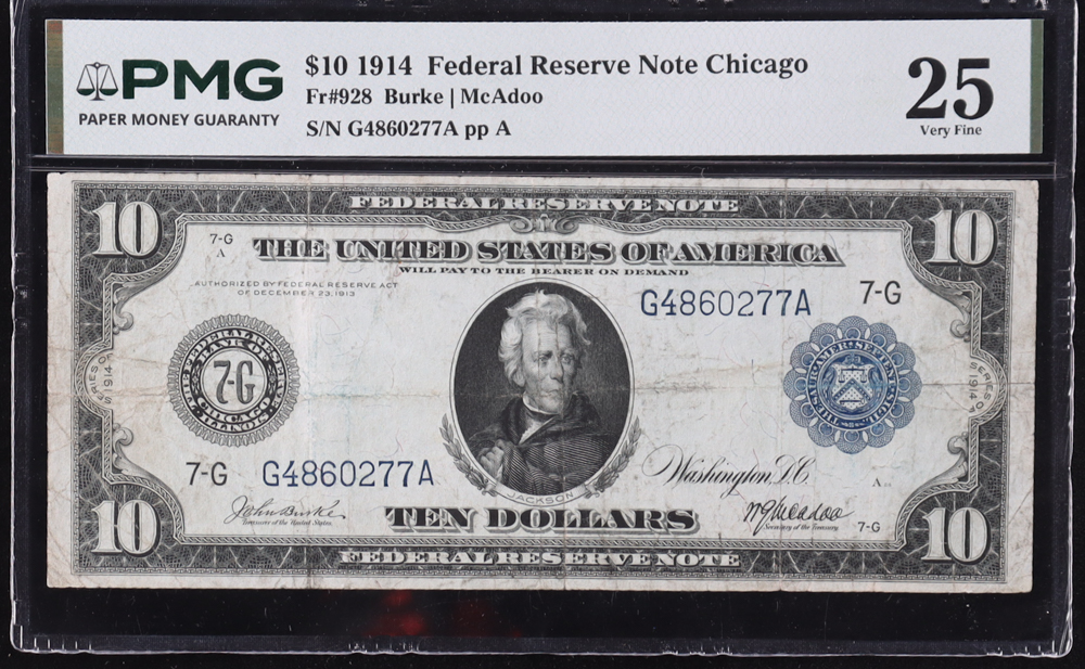 1914 U.S. Federal Reserve Note, Chicago - Fr. 928 Signed: Burke / McAdoo (PMG Very Fine 25) at PristineAuction.com 1914 U.S. Federal Reserve Note, Chicago - Fr. 928 Signed: Burke / McAdoo (PMG Very Fine 25) at PristineAuction.com
