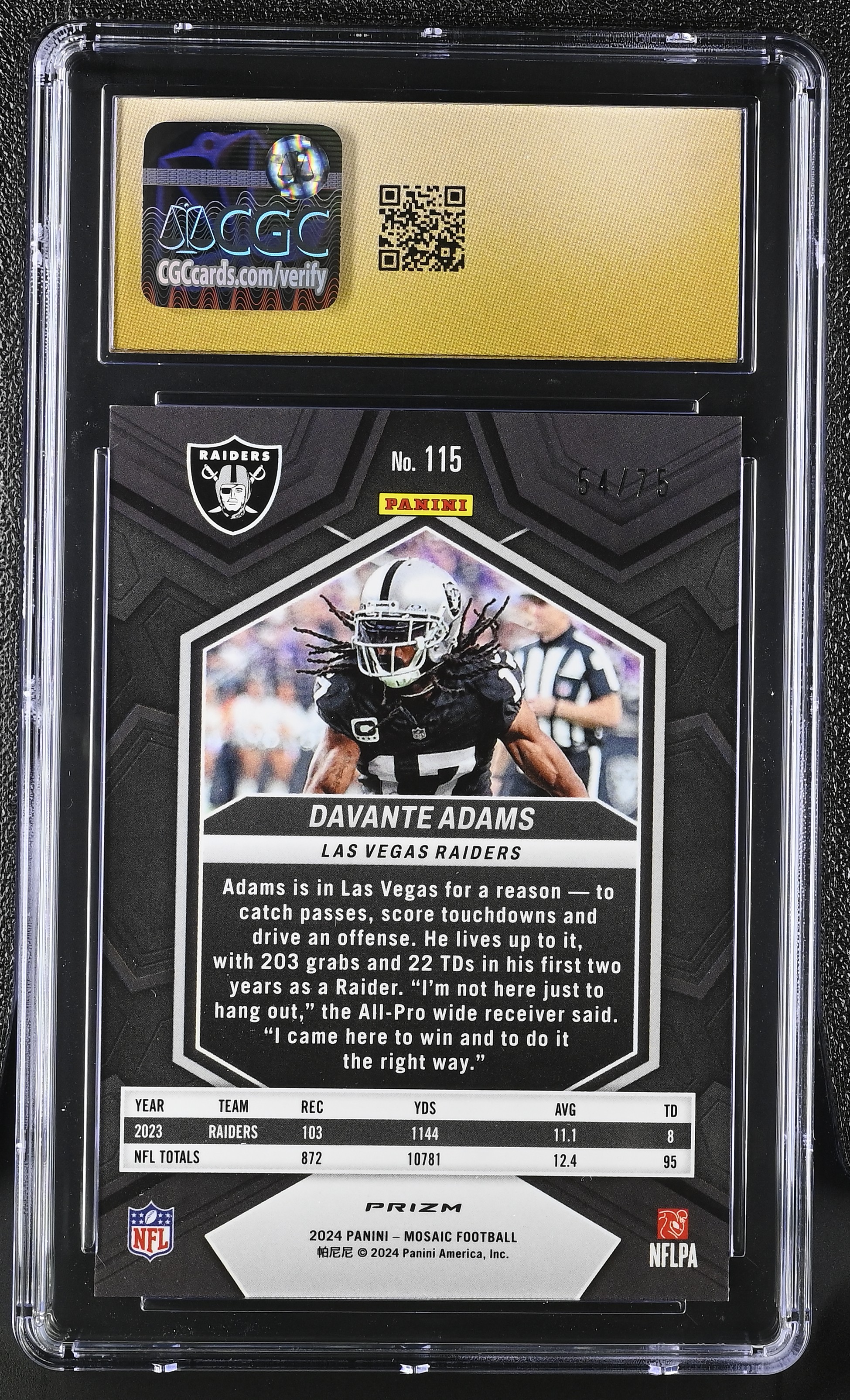 Davante Adams 2024 Panini Mosaic No Huddle Blue #115 #54/75 (CGC Pristine 10 | Black Label) at PristineAuction.com Davante Adams 2024 Panini Mosaic No Huddle Blue #115 #54/75 (CGC Pristine 10 | Black Label) at PristineAuction.com