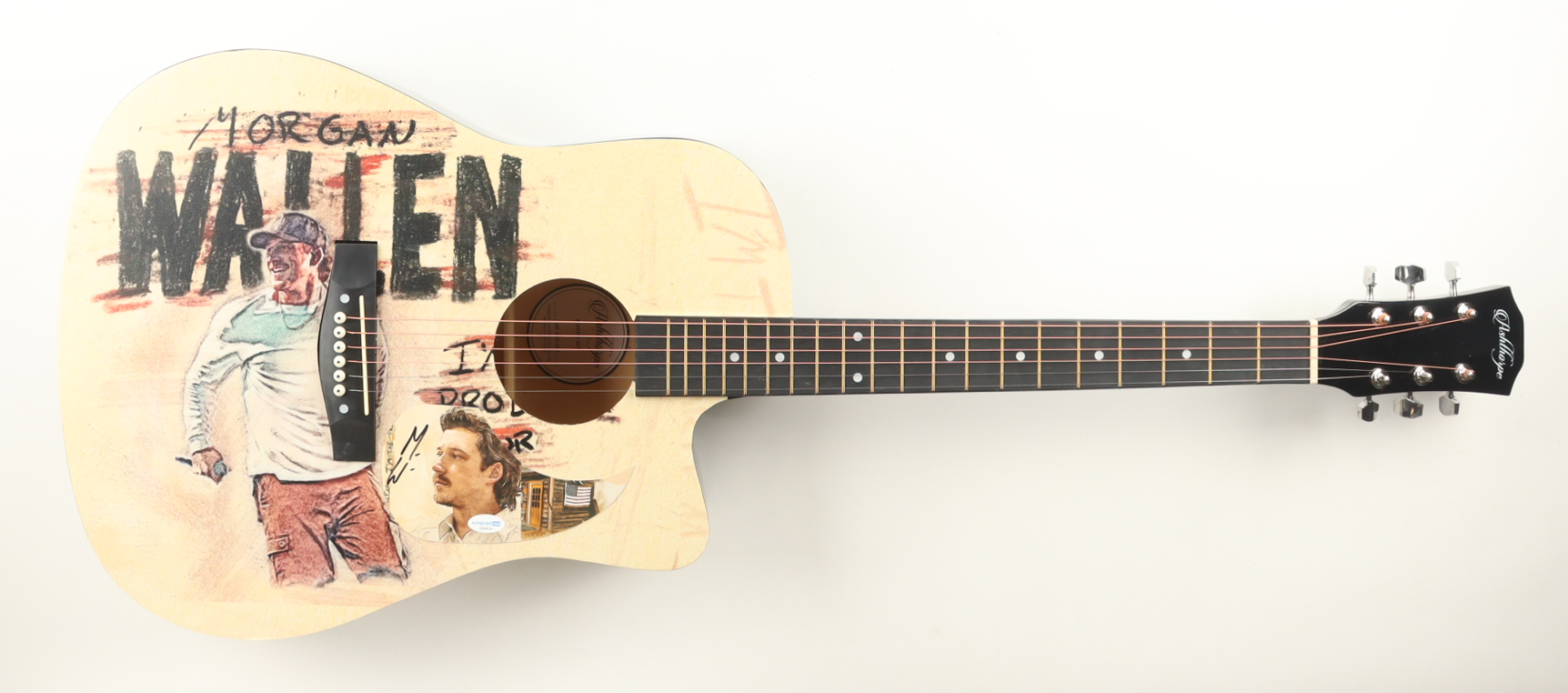 Morgan Wallen Guitar with Signed Custom Insert Pickguard (ACOA) at PristineAuction.com Morgan Wallen Guitar with Signed Custom Insert Pickguard (ACOA) at PristineAuction.com