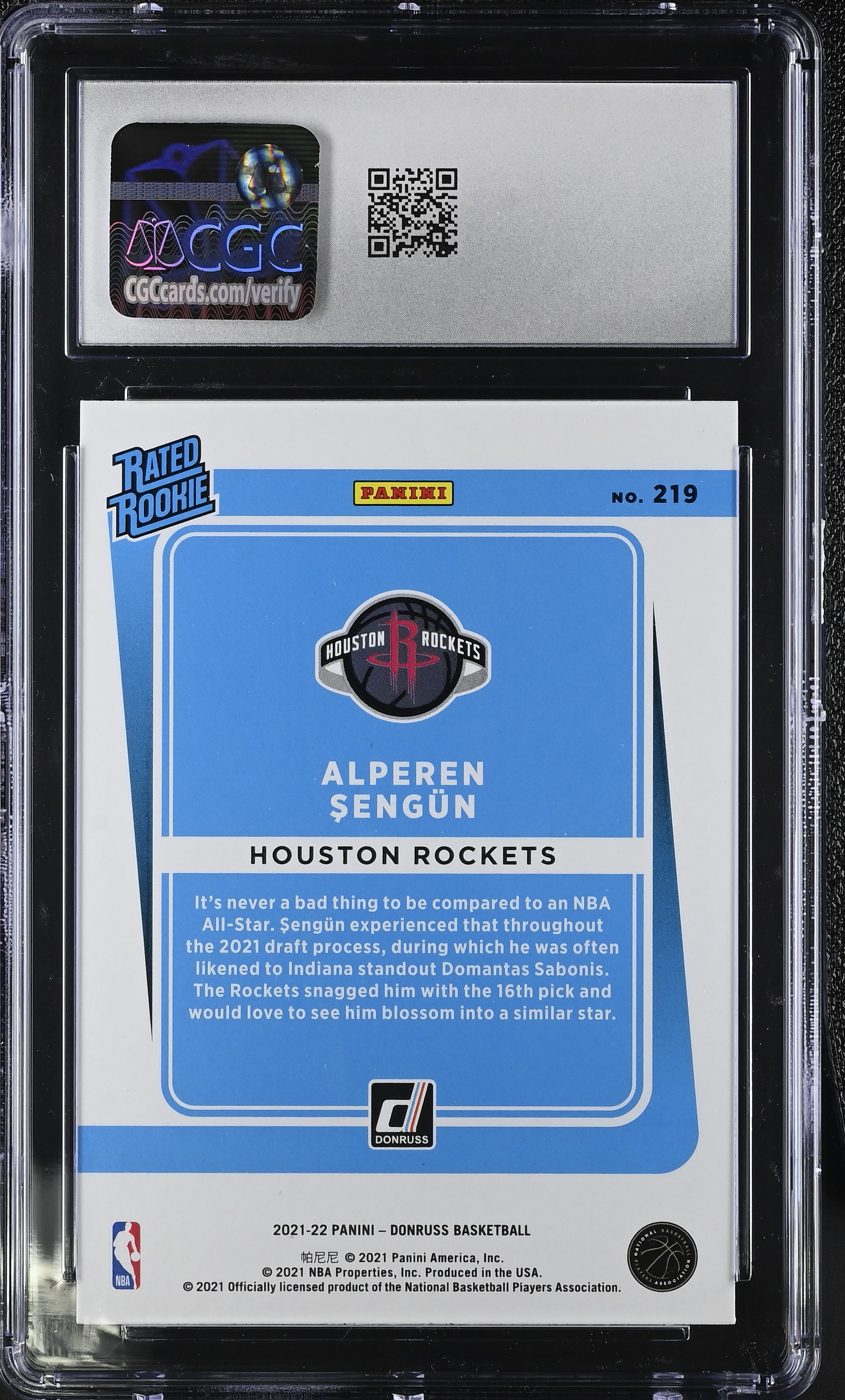 Alperen Sengun 2021-22 Panini Donruss Teal Laser Rated Rookie #219 RC (CGC 10) at PristineAuction.com Alperen Sengun 2021-22 Panini Donruss Teal Laser Rated Rookie #219 RC (CGC 10) at PristineAuction.com