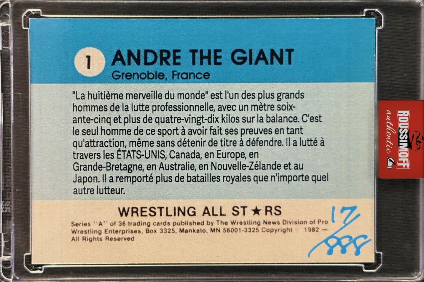 Robin Roussimoff Signed LE Andre The Giant 1982 Wrestling All-Stars French Back Inscribed "8th Wonder of the World" (Roussimoff Authentic) at PristineAuction.com Robin Roussimoff Signed LE Andre The Giant 1982 Wrestling All-Stars French Back Inscribed "8th Wonder of the World" (Roussimoff Authentic) at PristineAuction.com