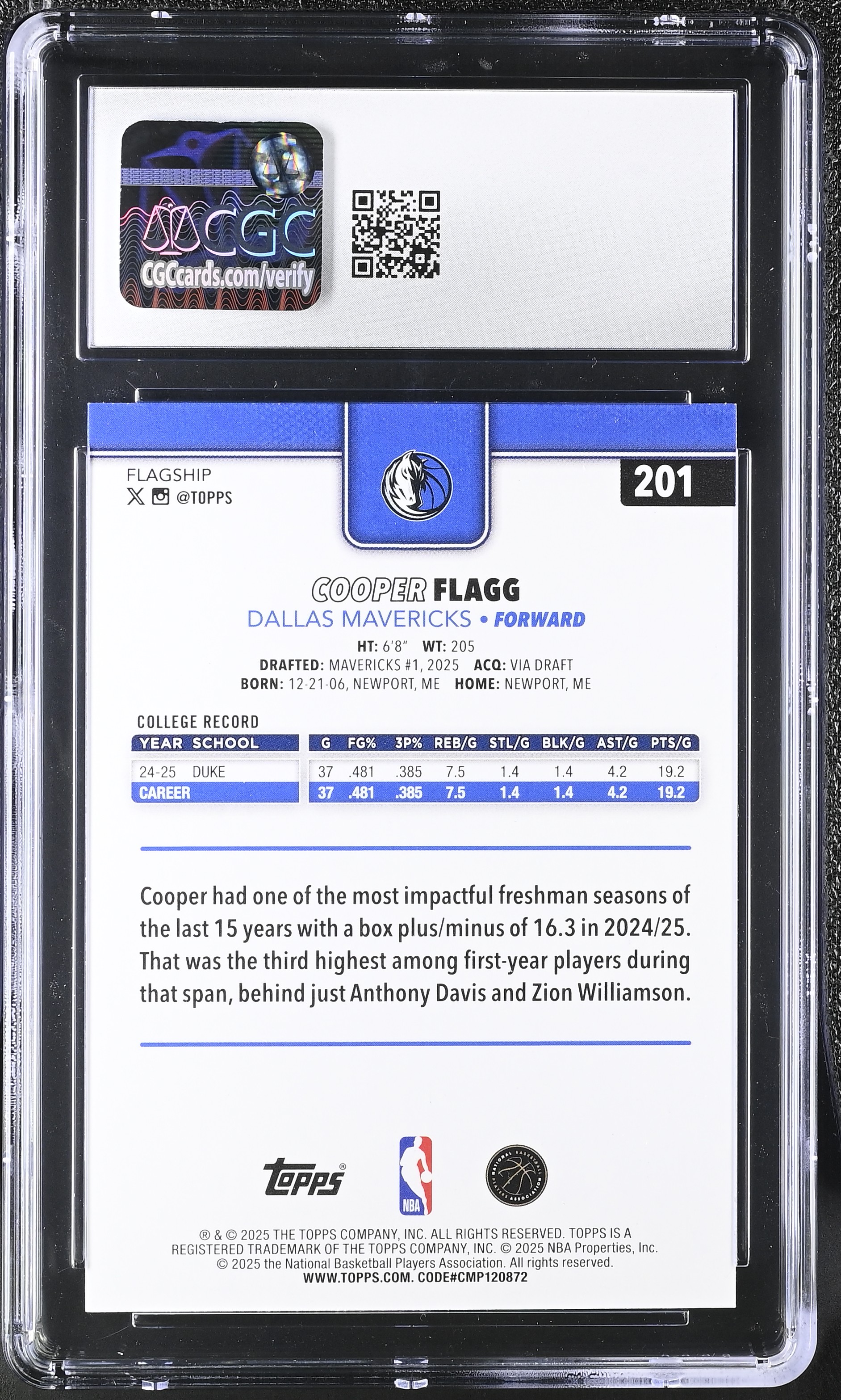 Cooper Flagg 2025-26 Topps #201 RC (CGC 8) at PristineAuction.com Cooper Flagg 2025-26 Topps #201 RC (CGC 8) at PristineAuction.com