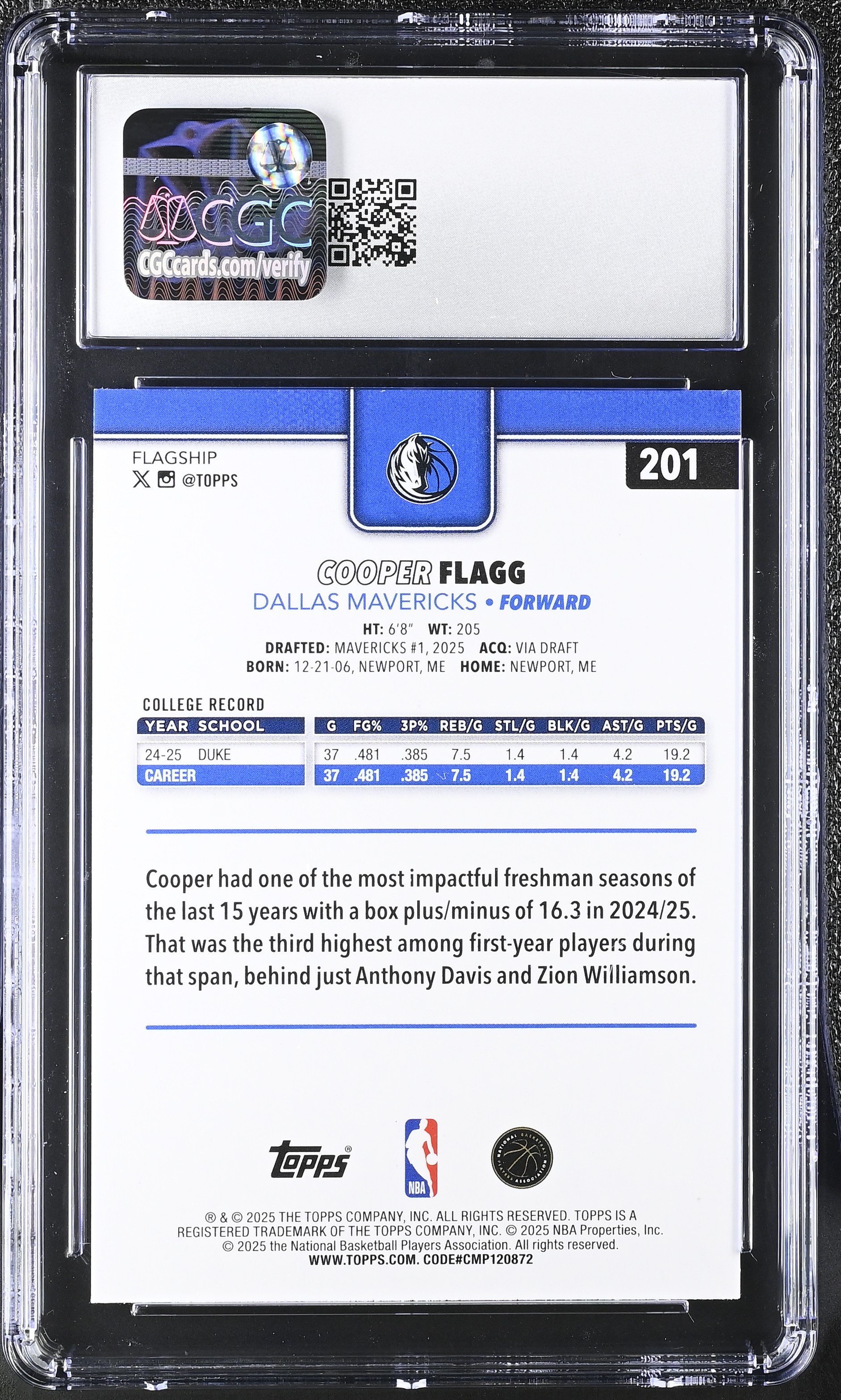 Cooper Flagg 2025-26 Topps #201 RC (CGC 8.5) at PristineAuction.com Cooper Flagg 2025-26 Topps #201 RC (CGC 8.5) at PristineAuction.com