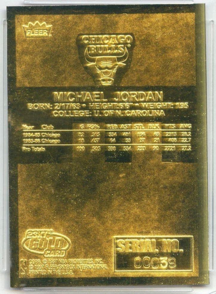 Michael Jordan 1997 Fleer Premier Signature Series Holo Prism Refractor 23KT Gold Card at PristineAuction.com Michael Jordan 1997 Fleer Premier Signature Series Holo Prism Refractor 23KT Gold Card at PristineAuction.com
